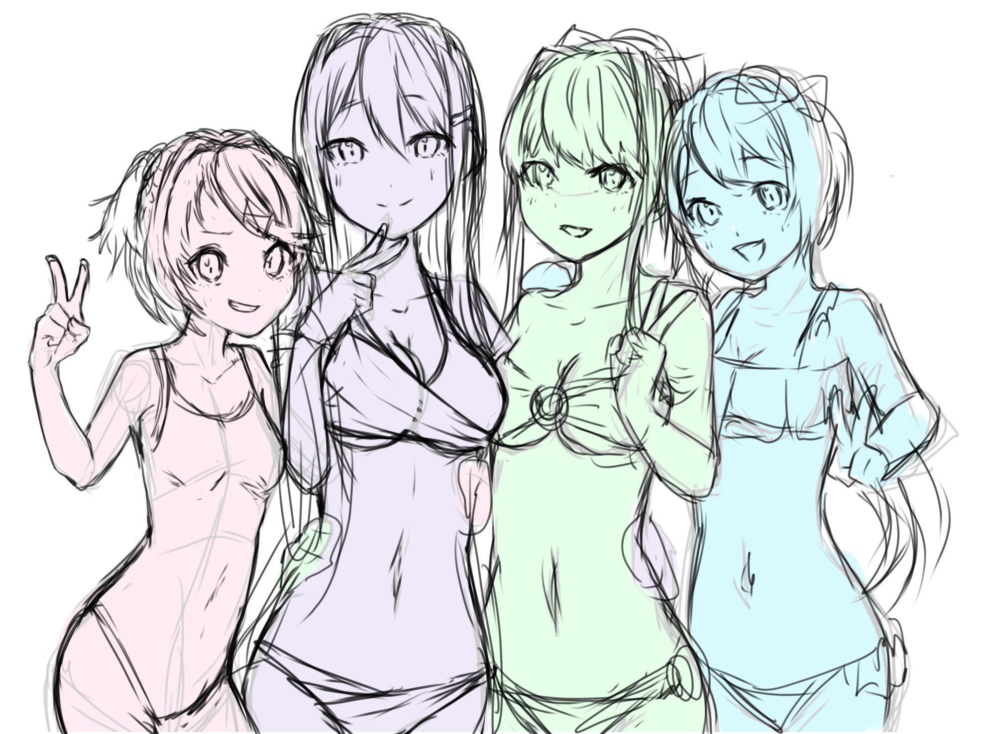doki doki literature club, female, monika (doki doki literature club), monochrome, natsuki (doki doki literature club), one piece swimsuit, sayori (doki doki literature club), sketch, swimsuit, v, wuwmbr, yuri (doki doki literature club)
