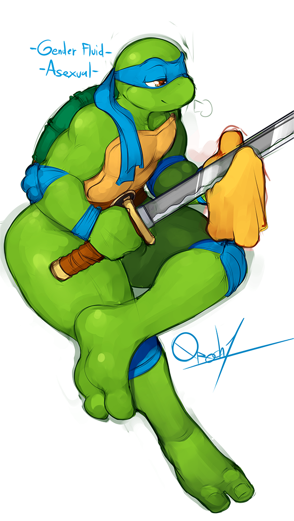 0r0ch1 accessory anthro asian_sword brown_eyes elbow_pads feet green_body green_skin headband knee_pads leonardo_(tmnt) male male_only mask melee_weapon ninjato reptile scalie shell smile solo solo_male sword teenage_mutant_ninja_turtles thick_thighs turtle weapon