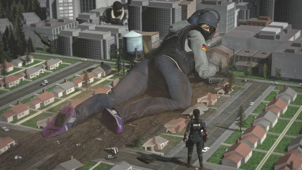 anothercrazysfmstuff big_ass big_breasts blonde_hair blue_eyes brazilian brazilian_female caveira_(rainbow_six) city destruction female frost_(rainbow_six) german giantess gsg9 helmet huge_ass iq_(rainbow_six) jeans mask masked_female rainbow_six rainbow_six_siege sfm size_difference smaller_female taller_female