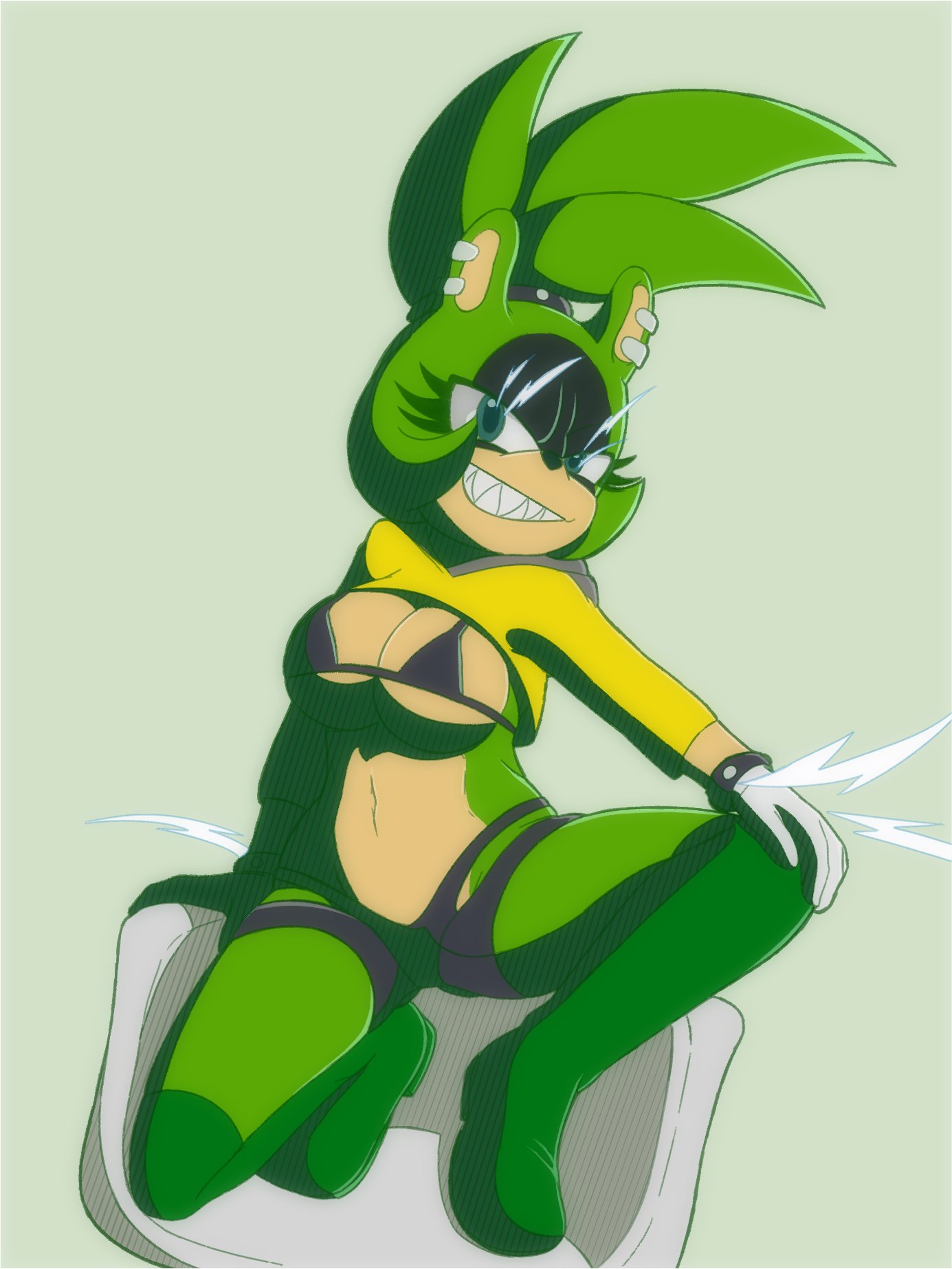 1girls, alternate costume, anthro, anthro only, big breasts, black bra, black panties, blue eyes, bra, breasts, earrings, female, female focus, female only, gloves, green body, green fur, green hair, green legwear, hair tie, hi res, idw comics, idw publishing, looking at viewer, mobian (species), panties, partially clothed, piercing, ponytail, sega, sharp teeth, shoes, smile, solo, sonic (series), sonic the hedgehog (comics), sonic the hedgehog (idw), sonic the hedgehog (series), surge the tenrec, underwear
