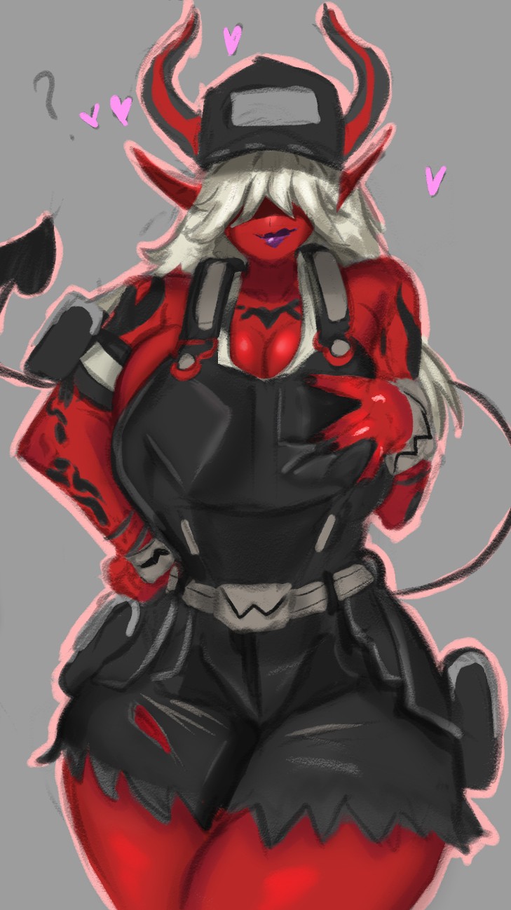 big_breasts black_hat demon demon_girl demon_horns demon_tail desdemona_(fortnite) eyes_covered female fortnite hair_over_eyes horn horns knightartist115 overalls red_skin ripped_clothing tagme tattoo tattoos thick_thighs white_hair