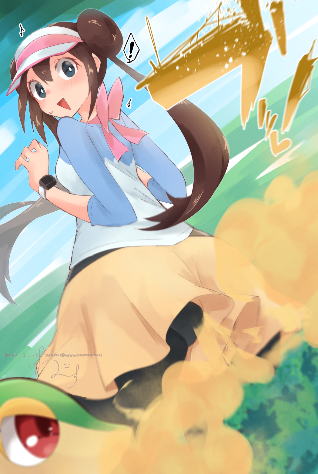 ! 1girls black_legwear blue_eyes blush brown_hair fart fart_cloud fart_fetish farting hat legwear looking_back nekosu nintendo open_mouth pokemon pokemon_(species) rear_view rosa_(pokemon) skirt smile snivy solo_female text_bubble tights twintails