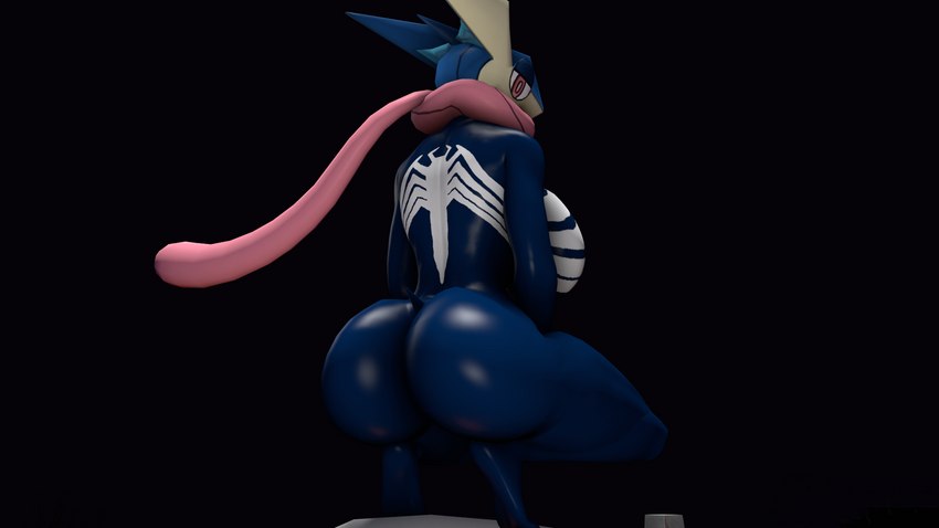 16:9 2021 3d_(artwork) anthro ass big_breasts blue_body breasts bubble_butt crouching digital_media_(artwork) female female_only glistening glistening_body greninja hi_res long_tongue looking_at_viewer marvel nintendo pokémon_(species) pokemon pokemon_(species) pokesymbiote red_eyes solo source_filmmaker symbiote tongue tongue_out video_games widescreen yellow_body