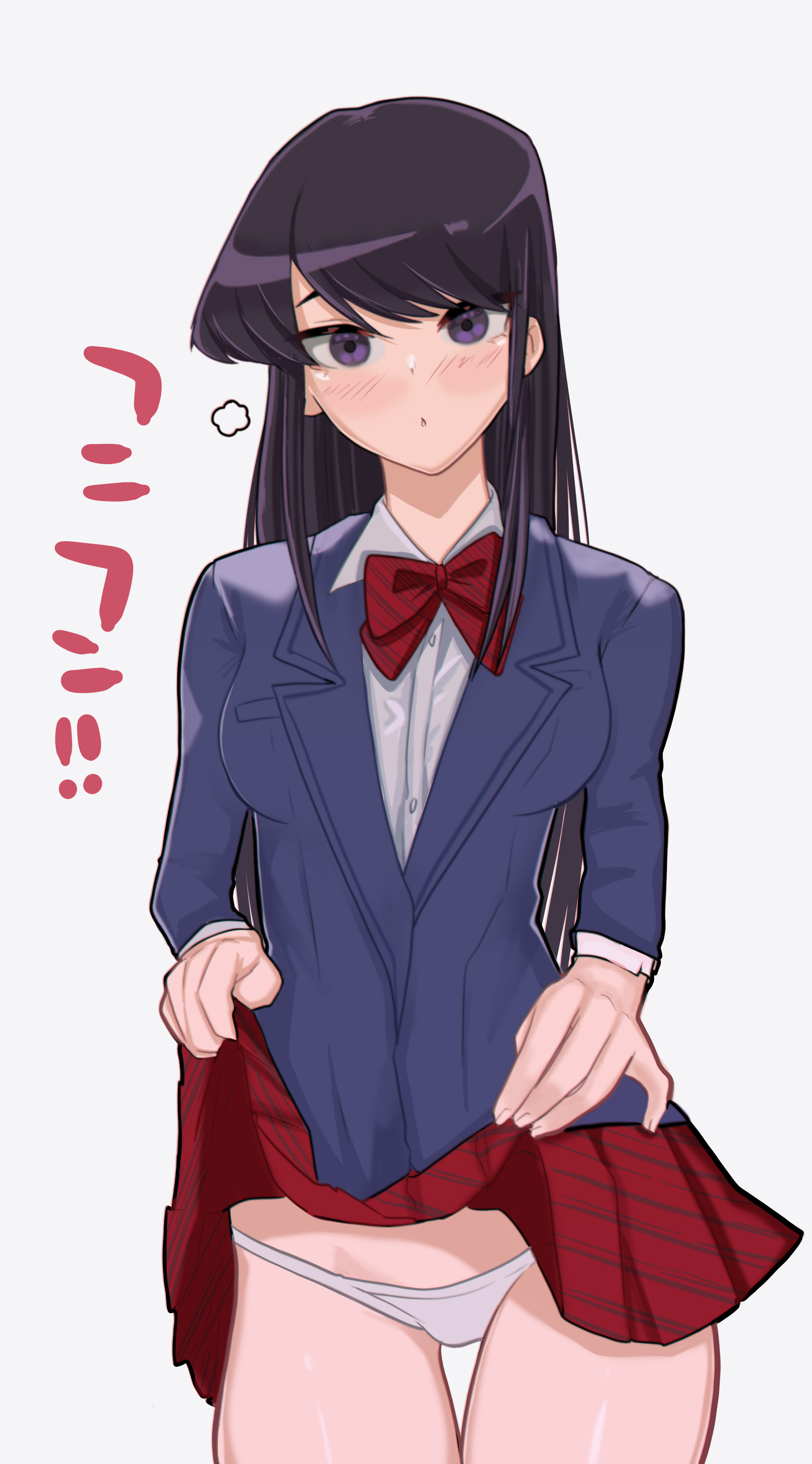 :o, 1girls, 2021, absurd res, black eyes, black hair, blush, bow, bowtie, breasts, clothed, clothing, datli64, female, female only, highres, jacket, komi shouko, komi-san wa komyushou desu, lifted by self, long hair, looking at viewer, matching hair/eyes, medium breasts, open mouth, panties, pleated skirt, school uniform, shirt, simple background, skirt, skirt lift, solo, standing, text, thigh gap, thighs, underwear, uniform, white background, white panties