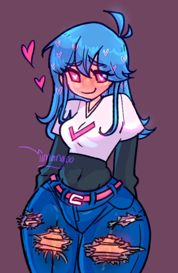 aroused, ass, big ass, big hips, blue hair, female, female only, friday night funkin, heart, heart-shaped pupils, jeans, sfw, sky (friday night funkin), skyverse, slim waist, thick thighs, thin waist, torn pants, wide hips