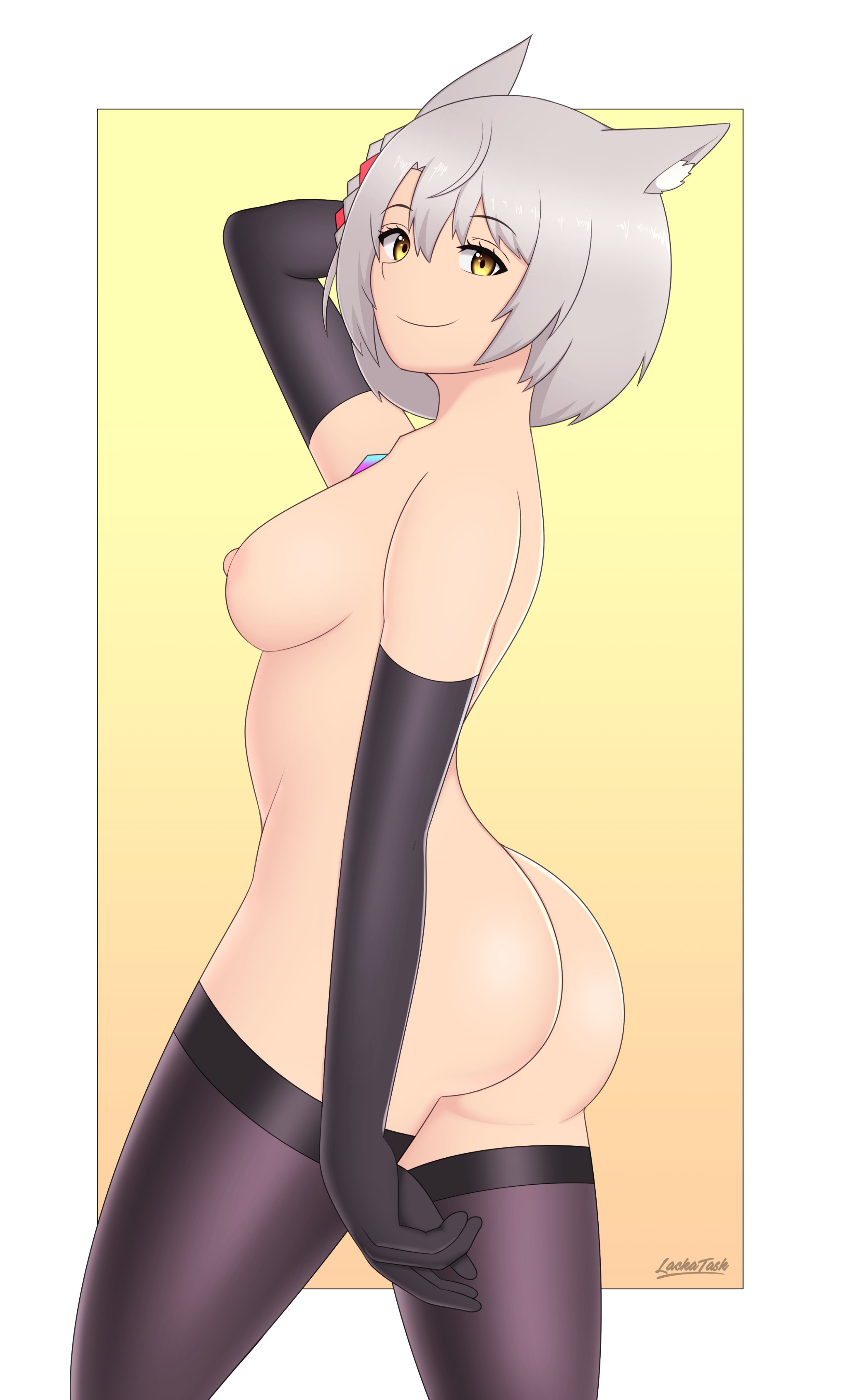 1girls, animal ears, ass, cat ears, female, gloves, grey hair, lackatask, looking back, mio (xenoblade), nintendo, nude, solo, thighhighs, xenoblade (series), xenoblade chronicles 3