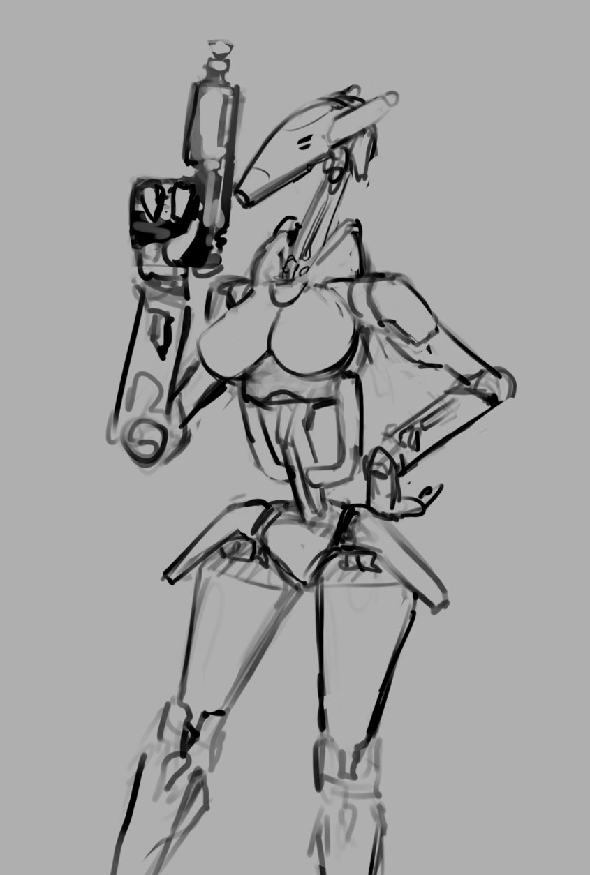 2017 b1_battle_droid battle_droid black_and_white droid featureless_breasts featureless_crotch gun hand_on_hip mechanical pose psyk323 robot robot_girl star_wars star_wars:_the_clone_wars thighs