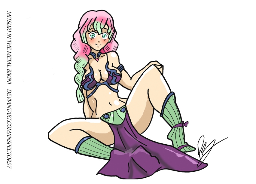 demon_slayer green_eyes green_hair inspector97 kanroji_mitsuri kimetsu_no_yaiba loincloth pelvic_curtain pink_hair purple_bikini purple_bra purple_loincloth slave_bikini slave_leia_(cosplay) slave_outfit