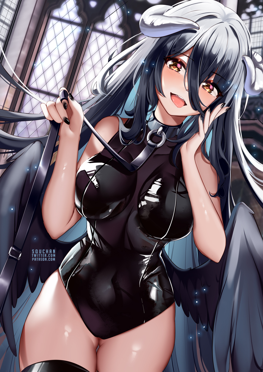 1girls, 2022, albedo (overlord), artist signature, black hair, black wings, breasts, demon, demon girl, feathered wings, female, female only, highleg leotard, hips, horns, huge breasts, leotard, long hair, looking at viewer, naughty face, overlord (maruyama), slim waist, smile, squchan, succubus, succubus horns, succubus wings, suggestive look, thick thighs, thighs, watermark, wide hips, wings, yellow eyes