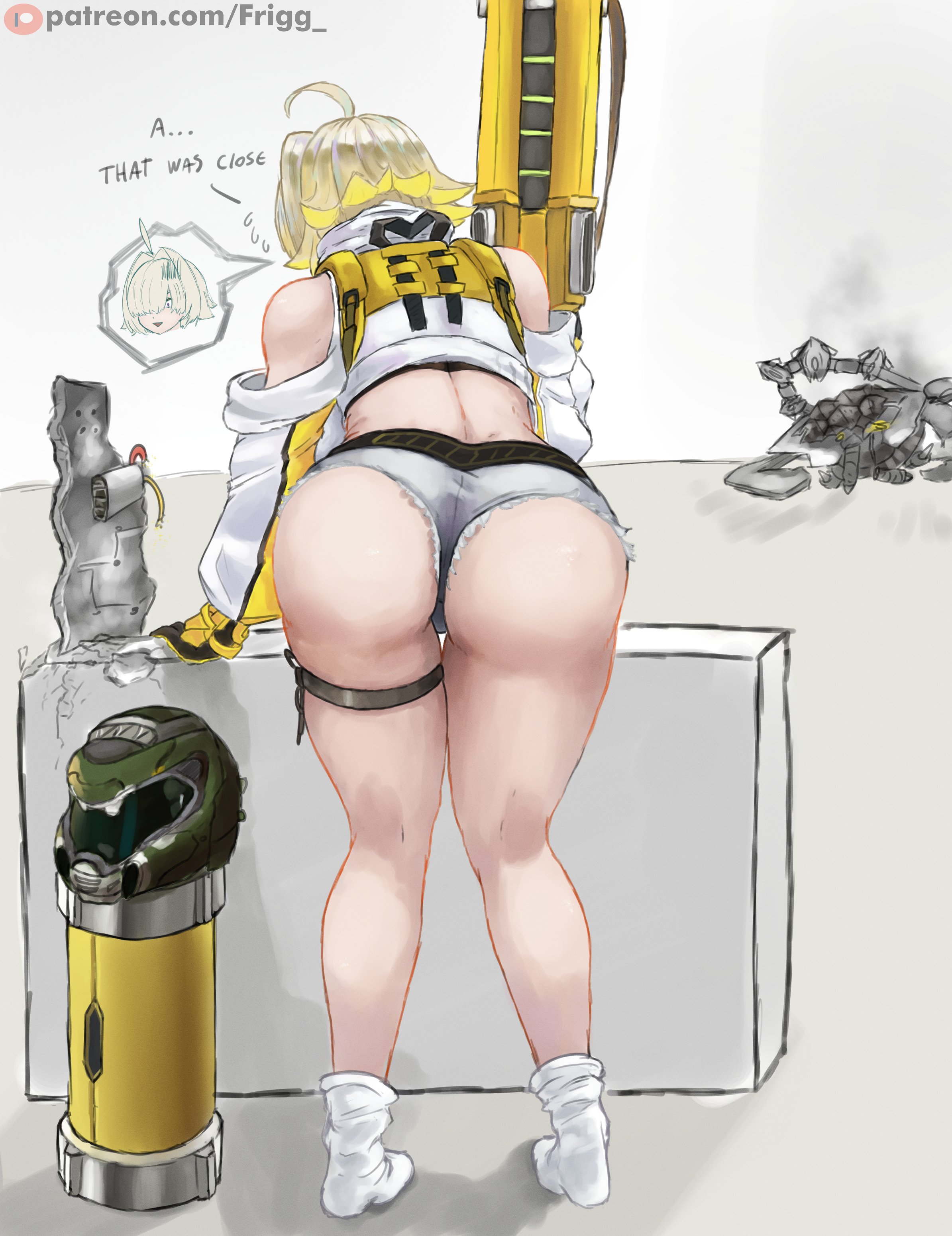 1girls, ahoge, ass, ass focus, bent over, blonde hair, doom, elegg (nikke), female, female only, fully clothed, goddess of victory: nikke, hair over eyes, hotpants, purple eyes
