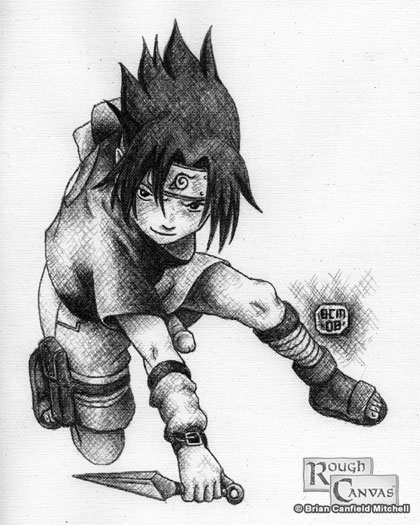 closed_mouth clothes crosshatching footwear greyscale hair headband holding human kneeling knife kunai looking_at_viewer male male_only monochrome naruto open_eyes penis rough_canvas sasuke_uchiha short_hair solo underhand_grip white_background