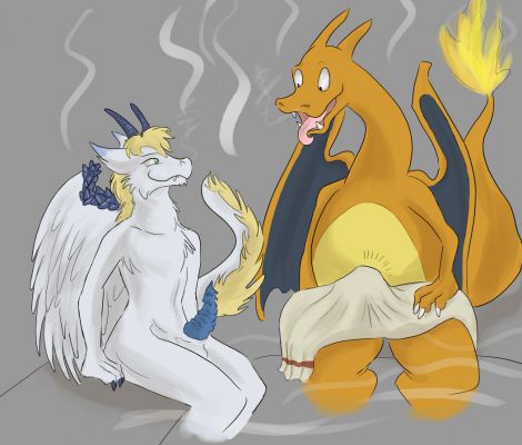 bulge charizard color fire interspecies larvitar_(artist) male male_only multiple_males nintendo nude pokemon pokemon_(species) sitting tagme tail tail_fire towel yaoi