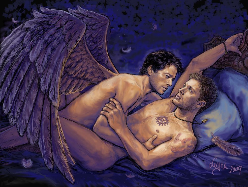 2boys actor angel angel_wings artist_signature bara black_hair black_wings blonde_hair castiel castiel_(supernatural) celebrity chest_tattoo completely_nude cuddling dean_winchester feathers gay handprint holding_partner in_bed in_character jensen_ackles light_skin looking_at_partner loving_embrace male male/male male_only misha_collins naked naked_male necklace nipples nude nude_male occult_symbol pentagram romantic supernatural supernatural_(series) tagme tattoo uncensored yaoi