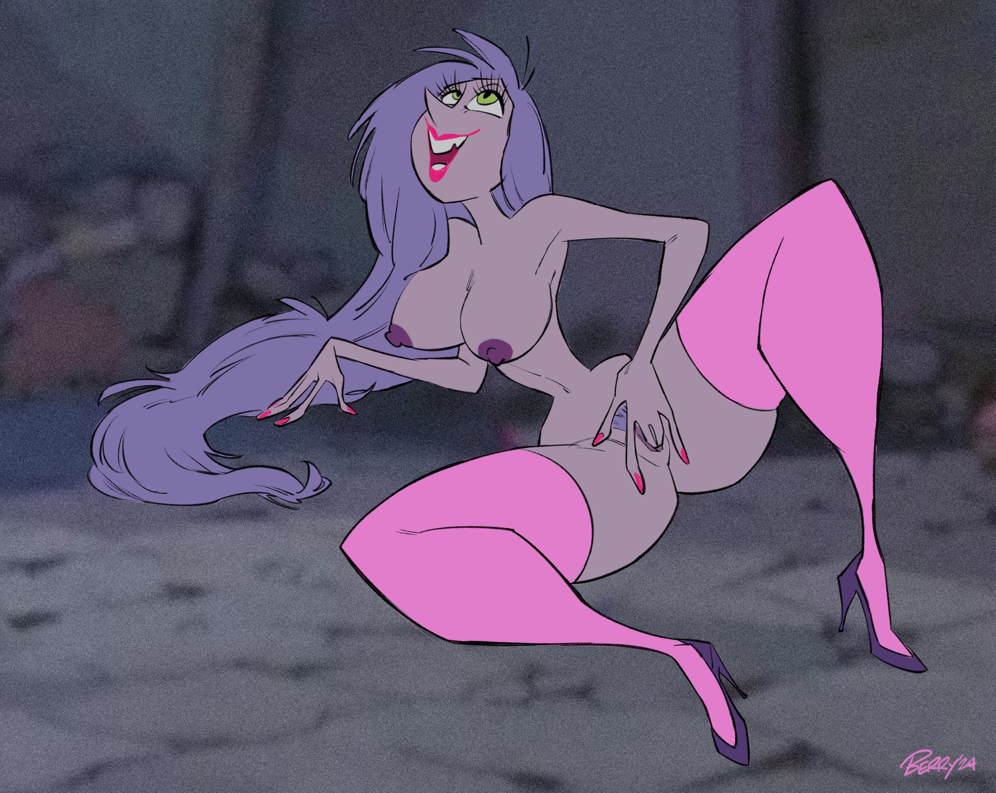 1girls, arms, berryvapor, big breasts, breasts, disney, disney villains, female, female only, fingering, fingering pussy, green eyes, hands, high heels, legs, lips, lipstick, long hair, looking up, madam mim, nipples, nude, nude female, open mouth, purple hair, pussy, smile, smiling, stockings, teeth, the sword in the stone, witch