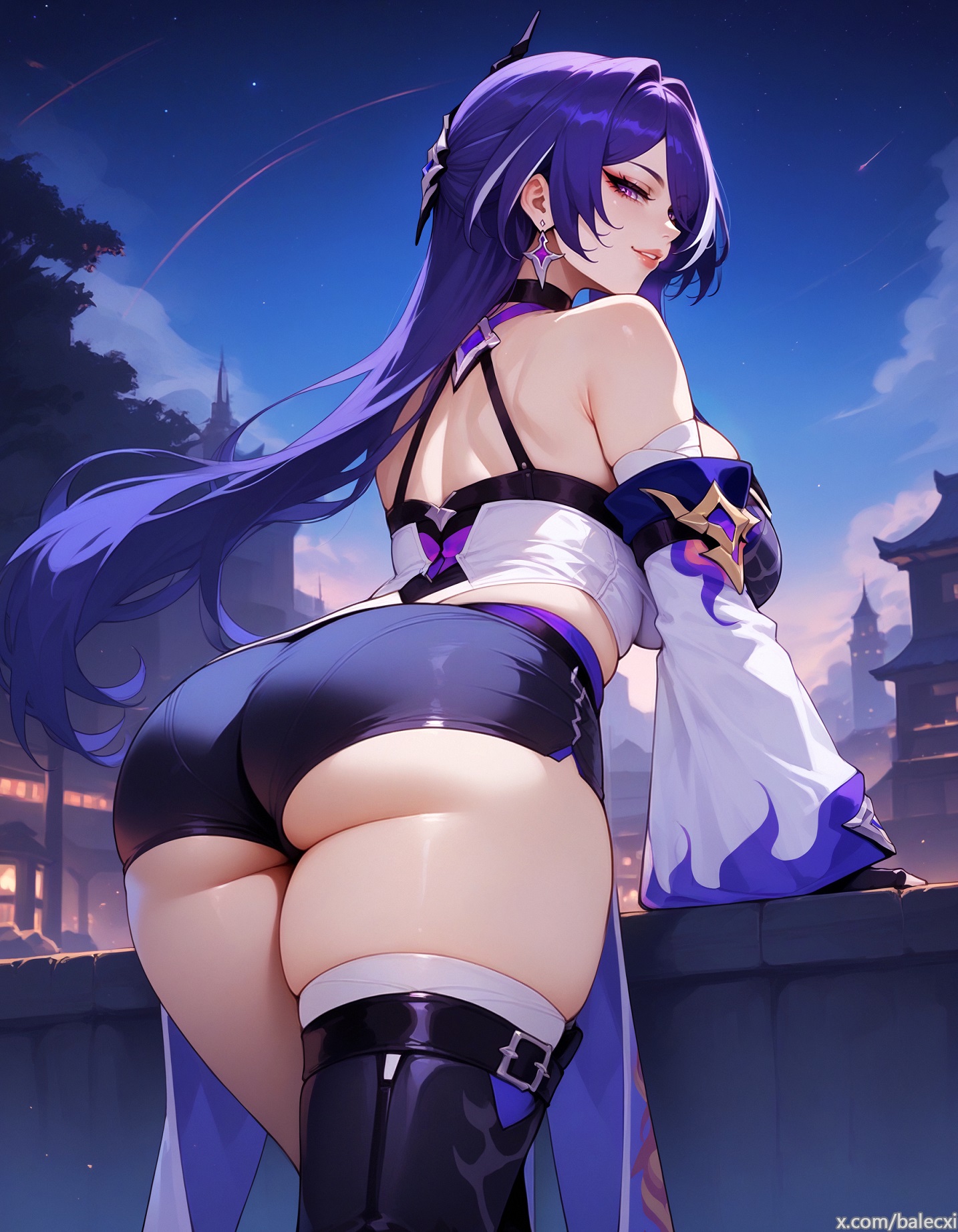 1girls, acheron (honkai: star rail), ai generated, ass, balecxi, breasts, female, from behind, from below, hair over one eye, honkai: star rail, huge ass, large breasts, light skin, light-skinned female, long hair, looking at viewer, looking back, looking down, purple eyes, purple hair, solo
