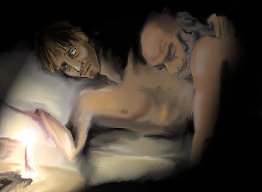 2boys amputee bald bed brown_hair candle disney gay hug long_hair male male_only pillow pintel pirate pirates_of_the_caribbean ragetti short_hair yaoi