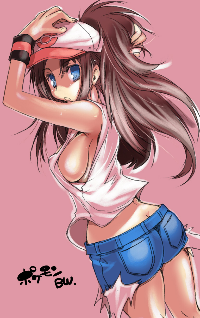 ass_cleavage baseball_cap blue_eyes breasts brown_hair butt_crack denim_shorts erect_nipples female female_only hands_on_head hat highres hilda_(pokemon) human large_breasts long_hair looking_back messy_hair nintendo open_mouth pokemon pokemon_bw ponytail short_shorts shorts sideboob simple_background solo tied_hair tokita_monta