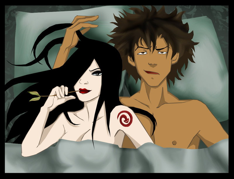 1boy 1girls avatar_legends avatar_the_last_airbender bed breasts earth_kingdom female human in_bed jet_(avatar) june_(avatar) lady-pirate long_hair lying male on_back pale_skin short_hair straight straight_hair tan_skin tattoo