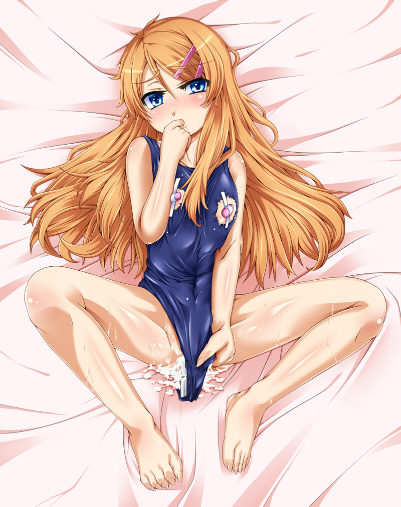 ahika_(akihasakuri) bad_feet barefoot blush cum feet female female_only finger_in_mouth finger_sucking hairclip human kirino_kosaka my_little_sister_can't_be_this_cute orange_hair ore_no_imouto_ga_konna_ni_kawaii_wake_ga_nai solo swimsuit vibrator