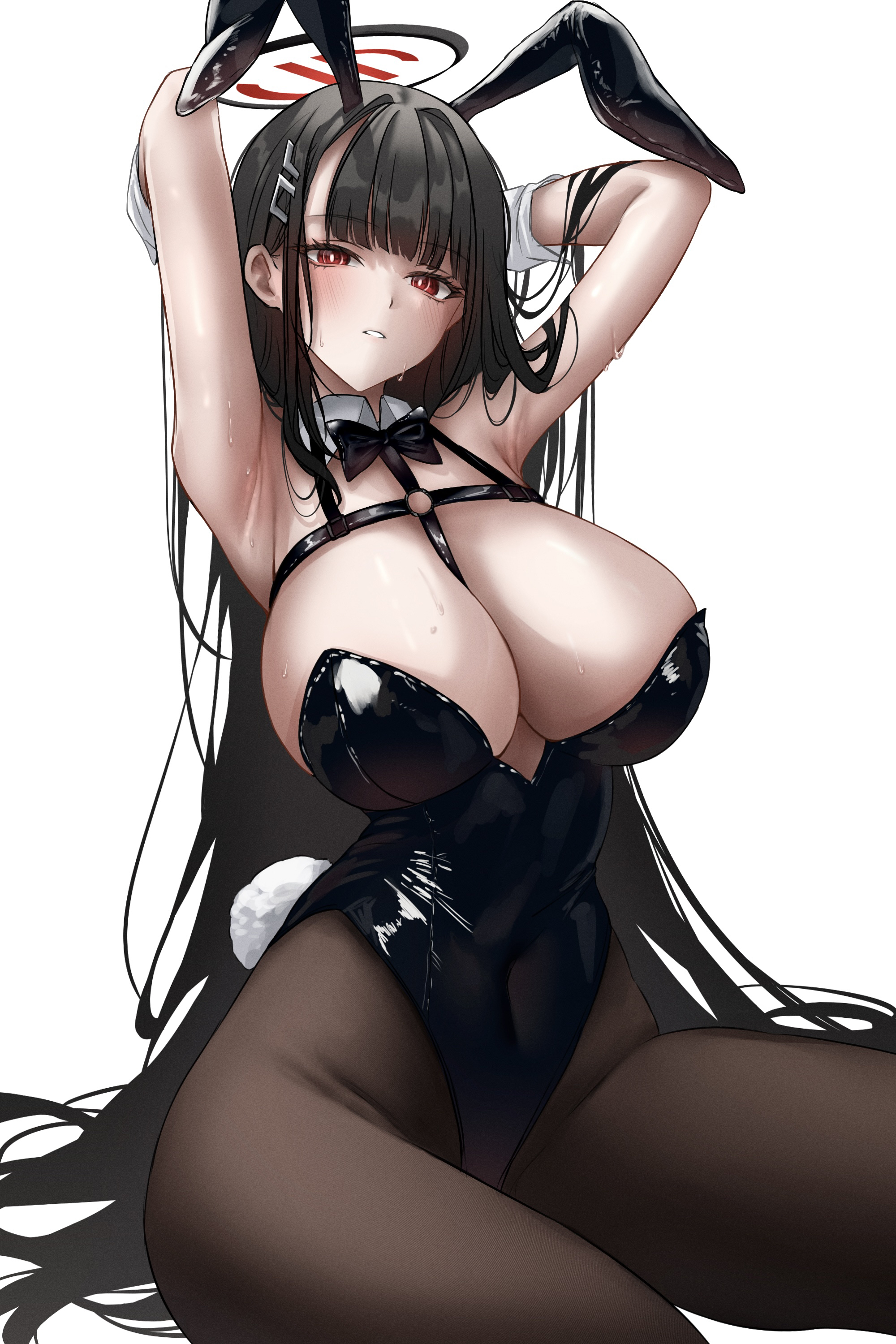 absurdres, animal ears, armpits, arms behind head, at congju, black bow, black bowtie, black hair, black leotard, black pantyhose, blue archive, bow, bowtie, breasts, bright pupils, fake animal ears, fake tail, female, hair ornament, hairclip, halo, highres, huge breasts, leotard, long hair, looking at viewer, pantyhose, parted lips, playboy bunny, rabbit ears, rabbit tail, red eyes, rio (blue archive), simple background, sitting, solo, sweat, tail, very long hair, white background, white pupils