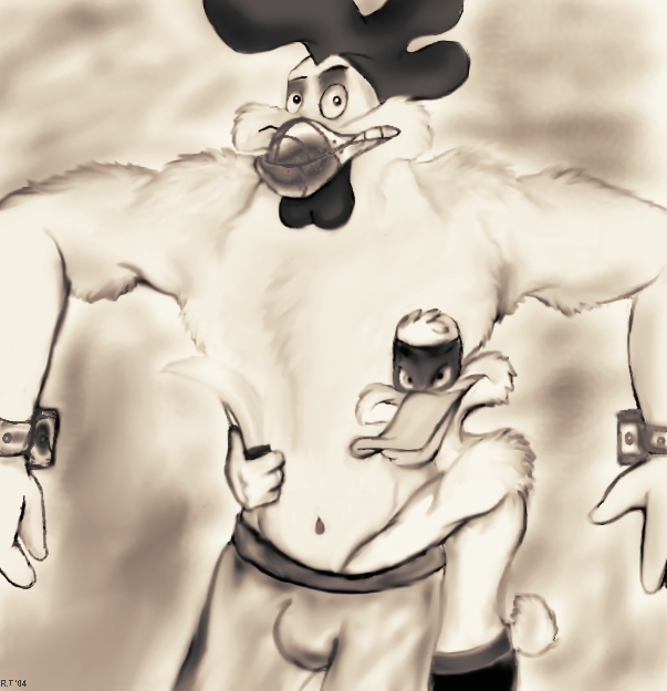 2004 2boys anthro avian bird bondage bulge chicken clothing crotch_bulge darkwing_duck disney duck front_view gay interspecies male male_only monochrome negaduck rooster steelbeak tagme topless yaoi