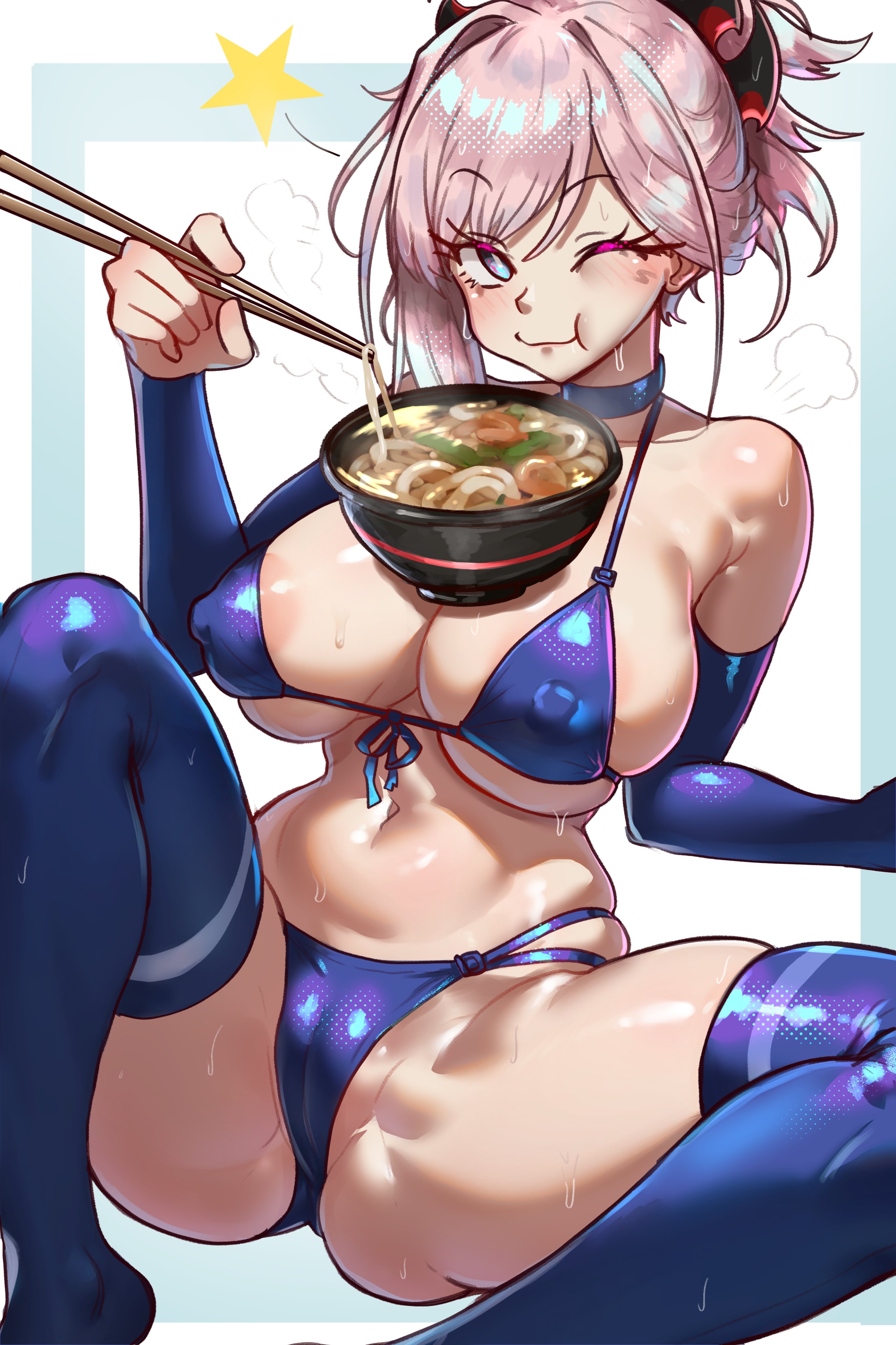 1girls, asymmetrical hair, bikini, blue eyes, breasts, cleavage, covered nipples, eating, ebora, fate (series), fate/grand order, female, food, high resolution, huge breasts, light skin, light-skinned female, long hair, looking at viewer, miyamoto musashi (fate), naughty face, pink hair, sitting, smile, solo, spread legs, youngmanisdown