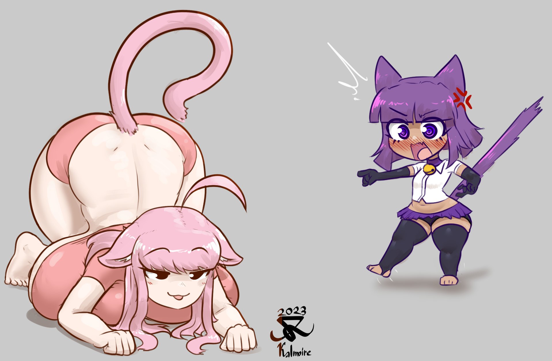 :3, 2023, 2girls, anger vein, angry, angry expression, angry face, armwear, artist logo, artist name, artist signature, ass, ass up, big breasts, big hips, big thighs, bigger female, black armwear, black legwear, blush, blush lines, blushing, blushing at partner, blushing female, blushing profusely, breast press, breasts, breasts bigger than head, breasts on ground, busty, busty female, cat ears, cat girl, cat humanoid, cat pose, cat tail, catgirl, child bearing hips, clothed, clothed female, curvaceous, curvaceous body, curvaceous female, curvaceous figure, curvaceous hips, curvaceous thighs, curvy, curvy body, curvy female, curvy figure, curvy hips, curvy thighs, duo, duo female, duo focus, ear tuft, enormous breasts, eyebrows visible through hair, female, fluffy ears, fluffy tail, front heavy breasts, gigantic breasts, gigantic hips, gigantic thighs, grey background, hourglass figure, huge breasts, huge hips, huge thighs, humongous breasts, kalmoire, large breasts, large hips, large thighs, light skin, light-skinned female, lying down, lying on breasts, massive breasts, massive hips, massive thighs, motion lines, no nose, noseless, open mouth, original characters, pink clothing, pink fur, pink hair, pink shirt, pink shorts, plump breasts, pointing, pointing at another, purple fur, purple hair, round breasts, shorter female, skirt, skull crushing thighs, slight blush, slim waist, smaller female, startled, stretching, surprised, tail motion, taller female, tan skin, tan-skinned female, thick hips, thick legs, thick thighs, thin waist, thunder thighs, traditional media (artwork), venus body, voluptuous, voluptuous female, watermark, wide hipped female, wide hips, wide thighs, yellow eyes