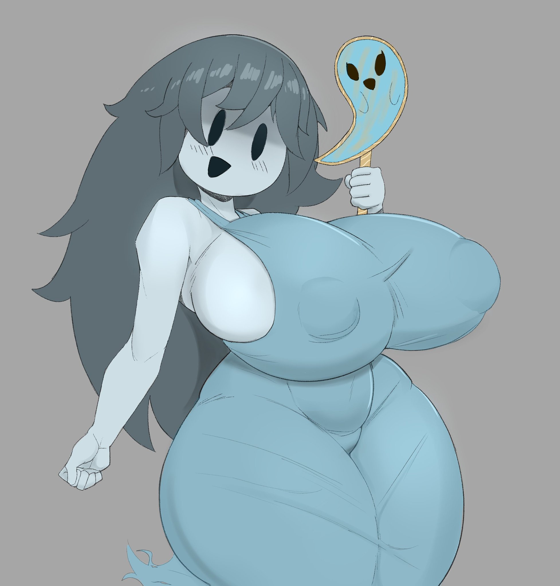 1girls, 2023, big breasts, blue body, blue hair, blue skin, breasts, female, female only, ghost, ghost girl, large breasts, loftysundew, looking at viewer, nipple bulge, open mouth, sideboob, solo, solo female, solo focus, spooky (shojs), spooky's house of jump scares, thick thighs, thighs, wide hips
