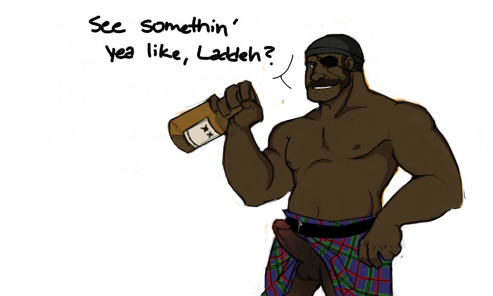 1boy average_sized_penis balls boner dark-skinned_male demoman erect_nipples erection exposed_penis eye_patch facial_hair feet_out_of_frame hard_on inviting_to_sex kilt kilt_up liquor_bottle looking_at_viewer male male_only mostly_nude muscular_male presenting_penis solo speaking_to_viewer team_fortress_2 topless watch_cap white_background wilson