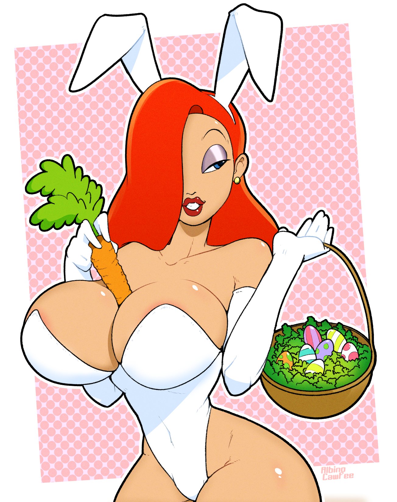 1girls albinocawfee auburn_hair basket big_breasts blue_eyes bunny_ears bunnysuit carrot carrot_paizuri curvaceous curvy curvy_body curvy_female curvy_figure disney easter easter_egg egg female female_focus female_only hair_over_one_eye huge_breasts jessica_rabbit light-skinned_female light_skin long_hair mature mature_female red_hair voluptuous voluptuous_female who_framed_roger_rabbit wide_hips