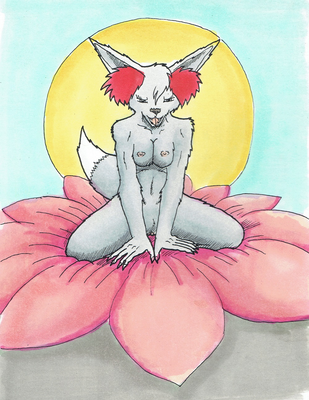 anthro breasts canid canine female fennekin fenniken flower fox fullcolor fur grey_body grey_fur happy hi_res laura_(nyghtmar3) mammal nintendo nipples nude nyghtmar3 pinup plant pokemon pokemon_(species) pokemorph pose sitting solo spring traditional_media_(artwork) true_fox