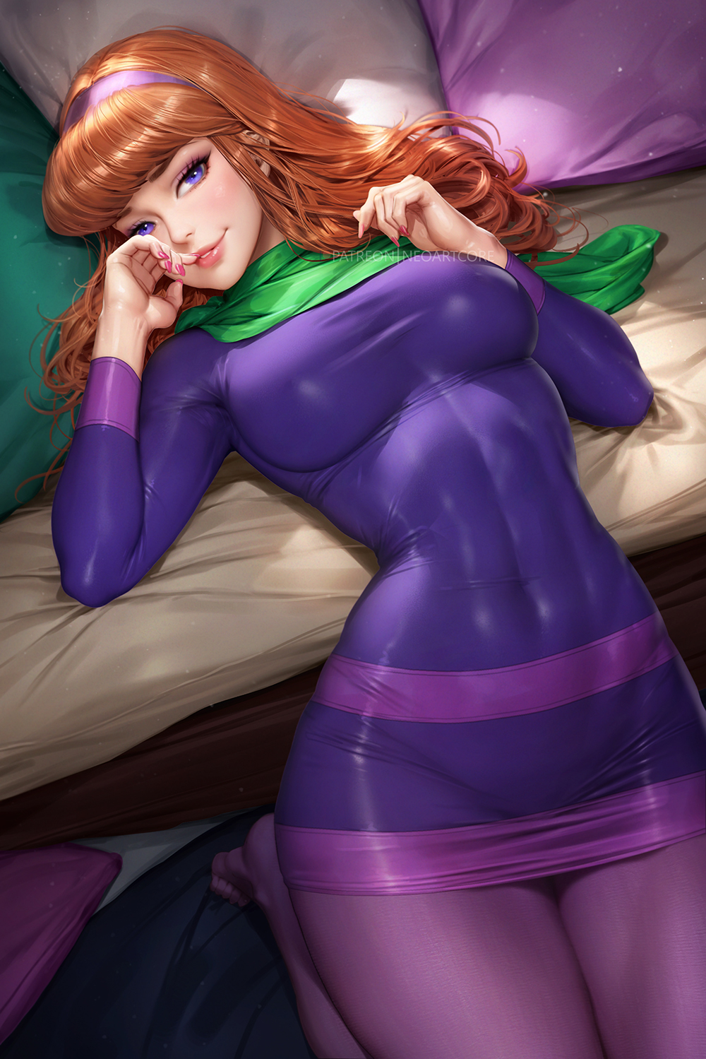 1girls abs bed big_breasts clothed clothing color daphne_blake female female_focus female_only fit_female hanna-barbera hi_res large_breasts light-skinned_female light_skin long_hair looking_at_viewer muscles muscular muscular_female neoartcore on_bed orange_hair purple_eyes scooby-doo signature solo solo_female tagme text thick_thighs warner_brothers