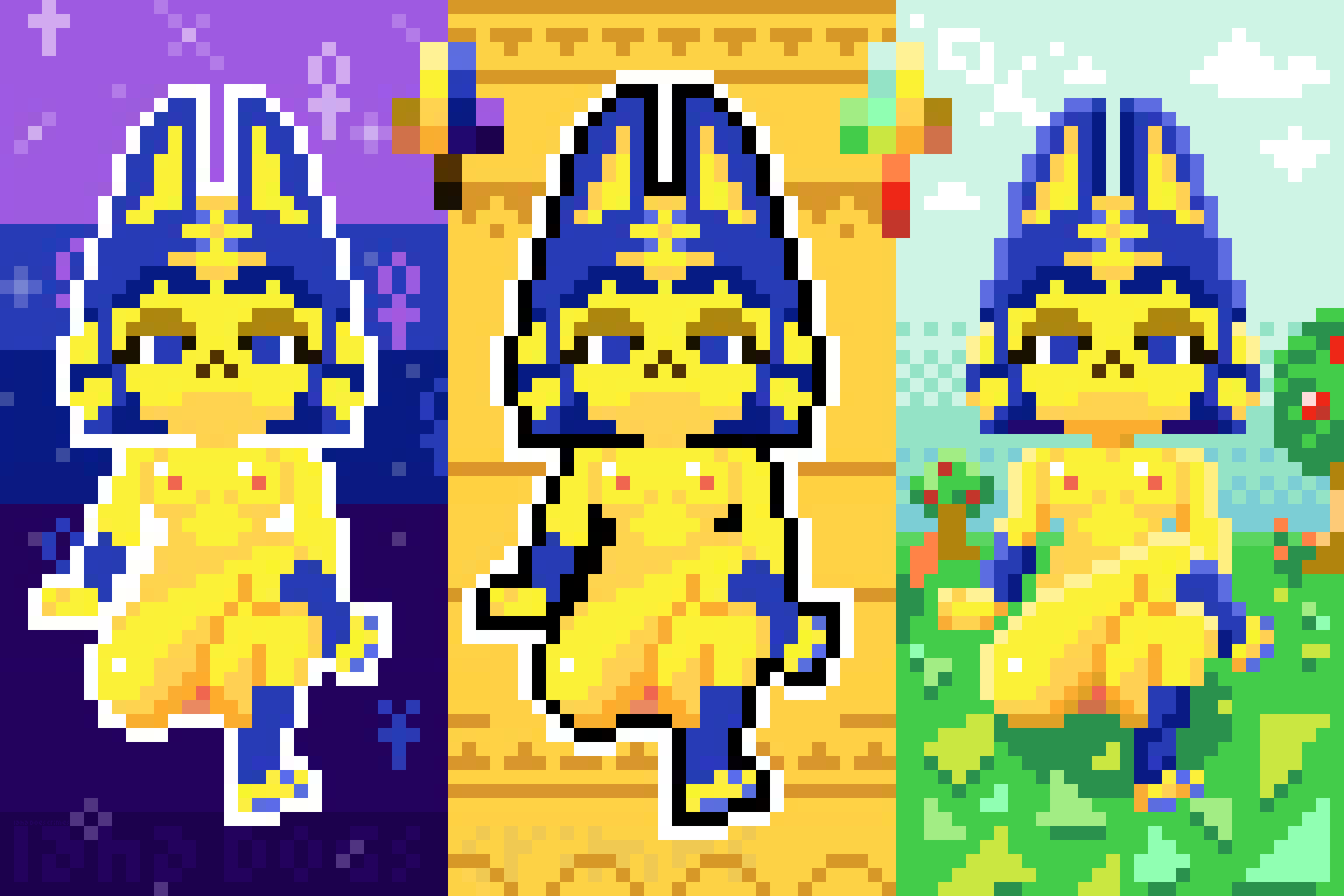 animal_crossing ankh ankha ankha_(animal_crossing) anthro ass blue_eyes blue_hair breasts cartoony cat_ears crossed_legs disgusted_look egyptian egyptian_cat feet feline female furry nipples outdoors outline palette paws pixel_art pussy sitting solo yellow yellow_body yellow_fur