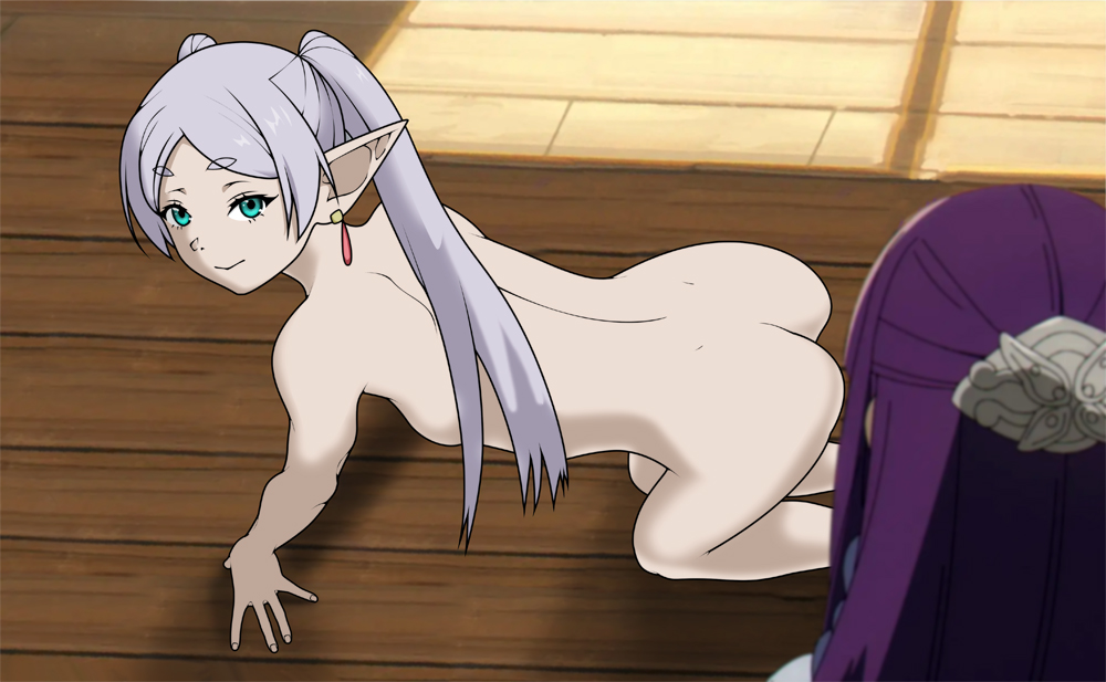 2girls all_fours anaxus ass bare_arms bare_ass bare_back bare_butt bare_legs bare_shoulders bare_thighs dimples_of_venus earrings elf_ears elf_female female female_elf female_human female_only fern_(sousou_no_frieren) fingers frieren from_above green_eyes hair_ornament hime_cut human_female indoor_nudity indoors looking_at_viewer multiple_girls naked nude nude_female on_all_fours ponytails pov purple_hair side_ponytail silver_hair small_breasts sousou_no_frieren very_long_hair view_from_above wooden_floor