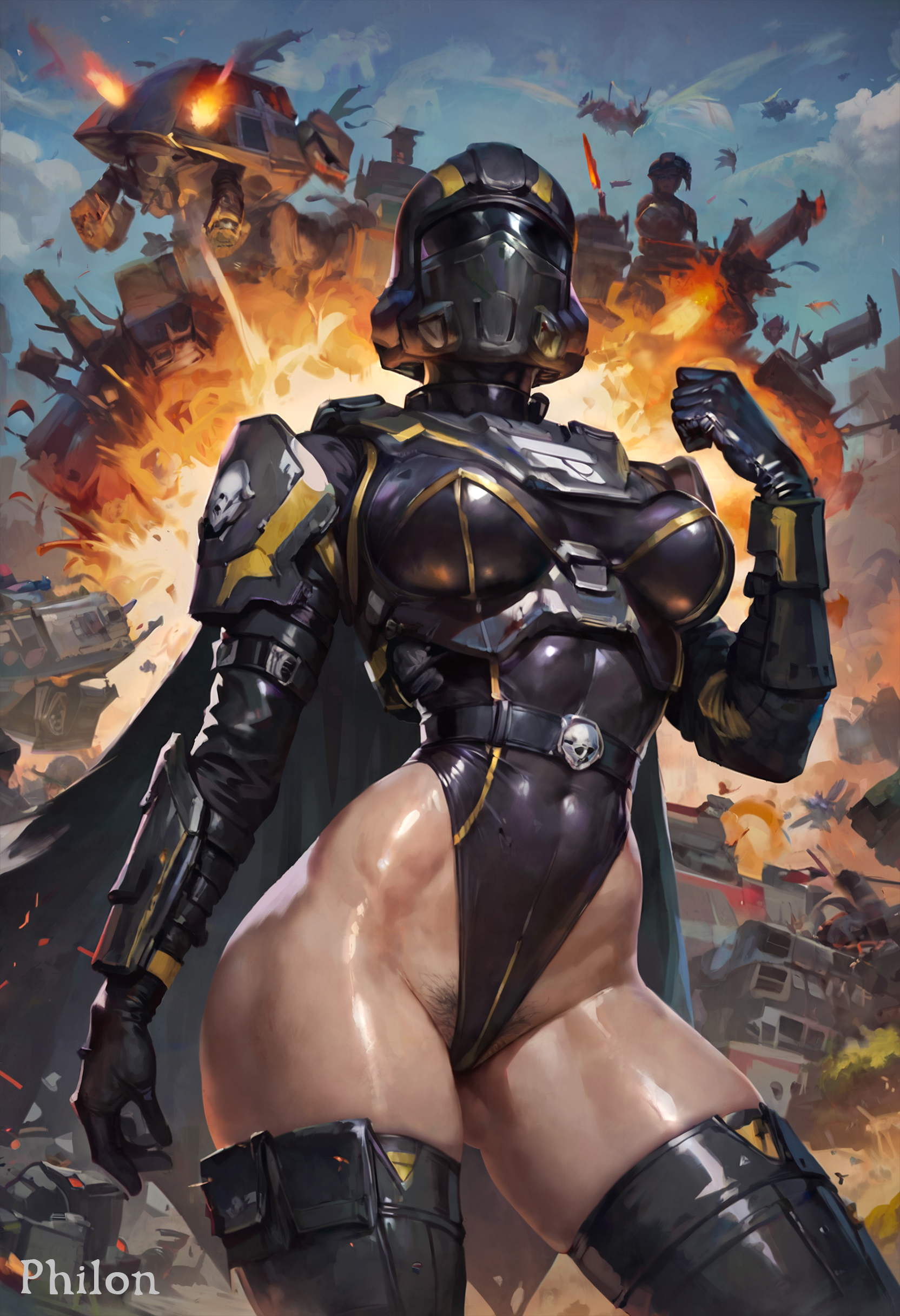1girls, ai generated, armor, belt, black gloves, black leotard, black thighhighs, boots, breasts, cape, clenched hand, cloud, explosion, female, female only, female pubic hair, fire, gloves, helldiver (helldivers), helldivers 2, helmet, highleg, highleg leotard, large breasts, leotard, outdoors, philon, pubic hair, pubic hair peek, robot, shiny clothes, shiny skin, shoulder armor, skindentation, skull, sky, solo, stable diffusion, standing, thick thighs, thigh boots, thighhighs, thighs