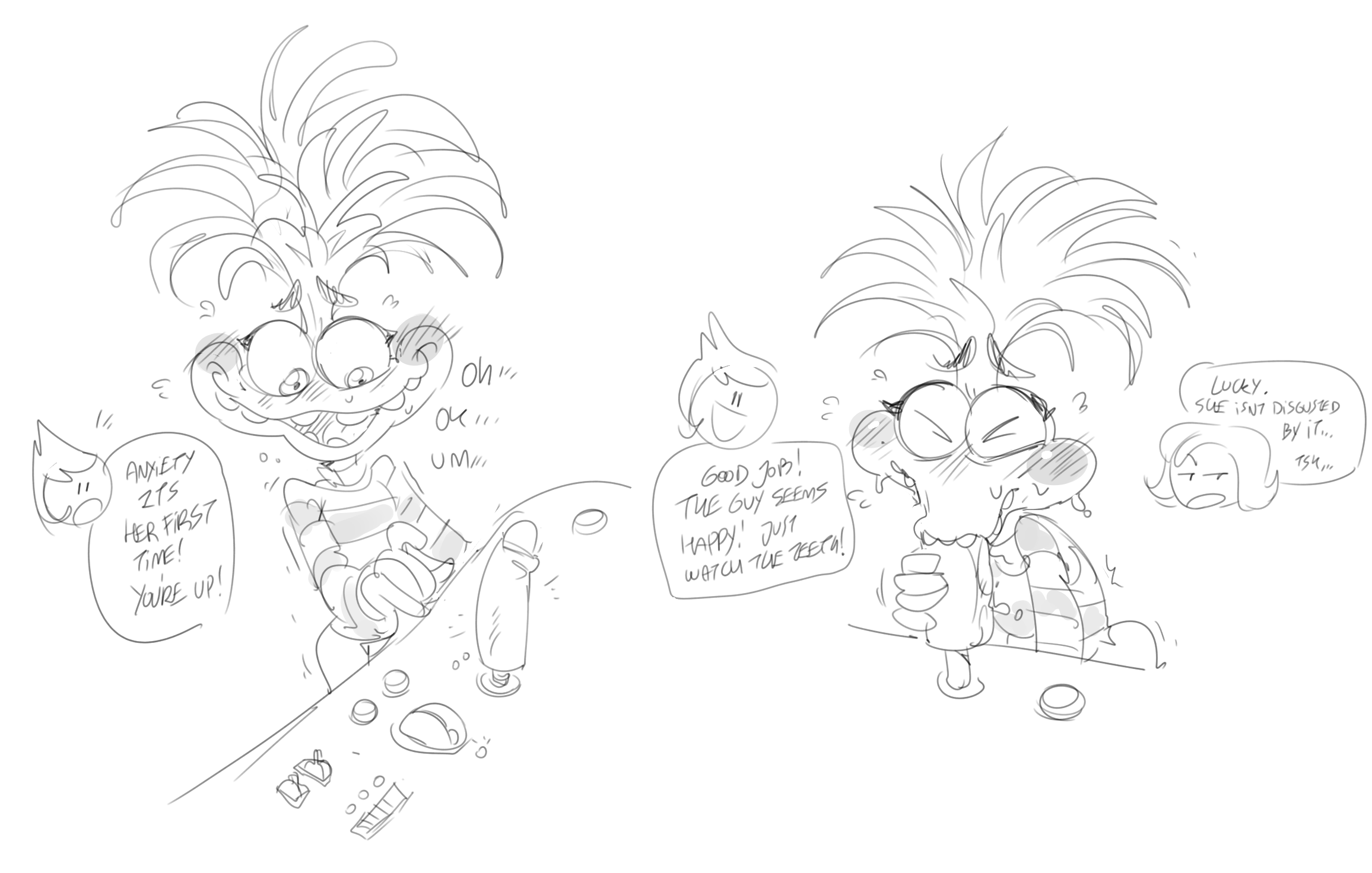 1girls, 2023, anxiety (inside out), black and white, blush, closed eyes, dialogue, disgust (inside out), disney, english text, female, female focus, female only, first time, hi res, inside out, inside out 2, joy (inside out), long hair, male, mhdrawin, monochrome, no color, open smile, penis, penis-shaped object, pixar, sketch, smile, solo focus, sucking, teeth