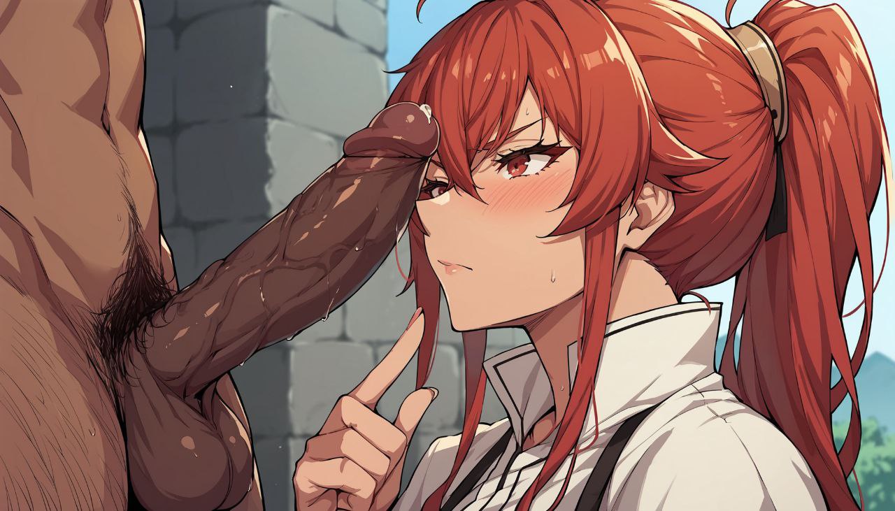 1boy, 1girls, ai generated, anxiousdangero, dark skin, dark-skinned male, eris greyrat, female, interracial, male, mushoku tensei, penis, red hair