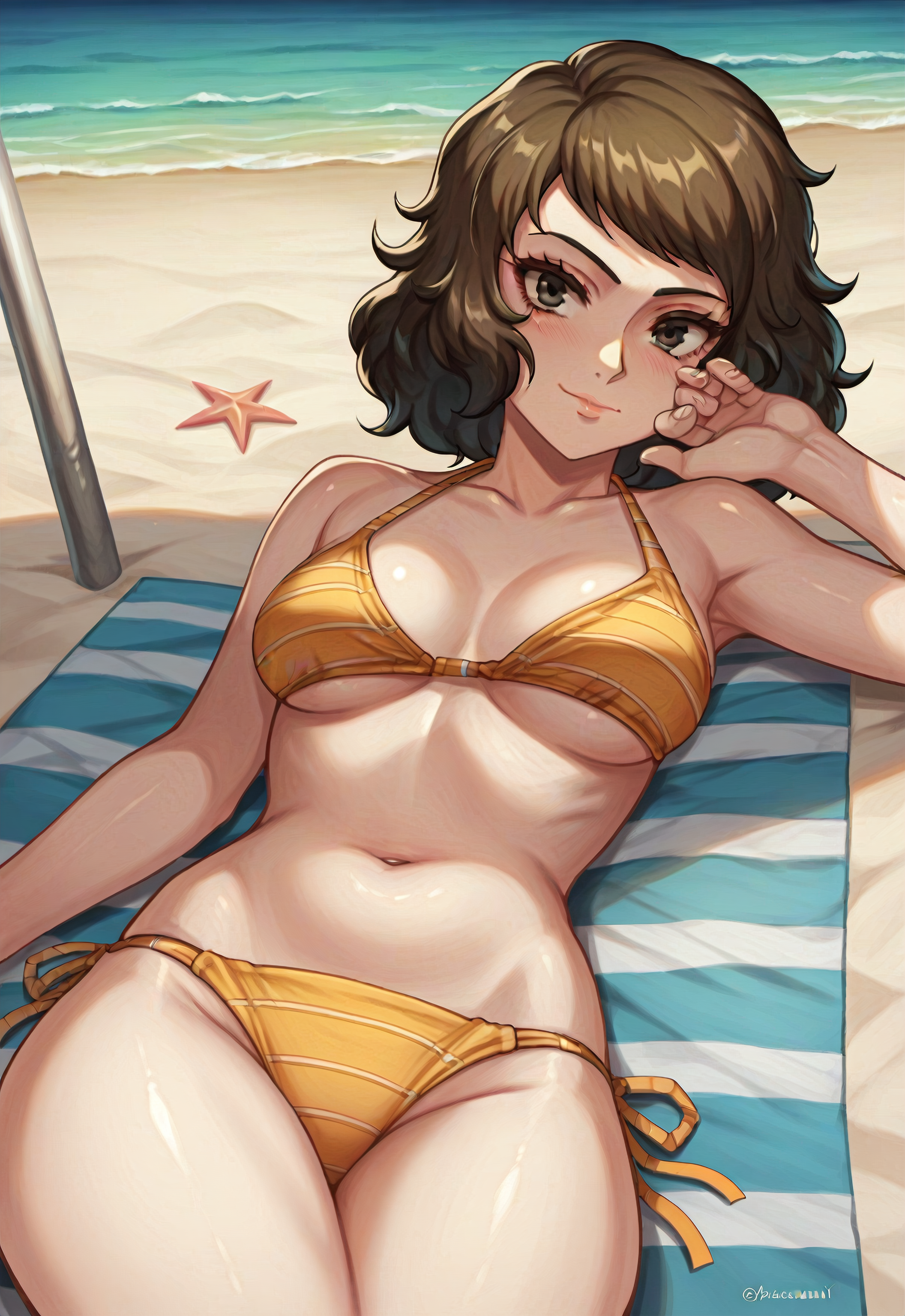 ai generated, beach, bikini, female, navel, persona, persona 5, robinlover, sadayo kawakami, sculptai, swimsuit, swimwear, tagme, yellow bikini, yellow bikini bottom, yellow bikini top