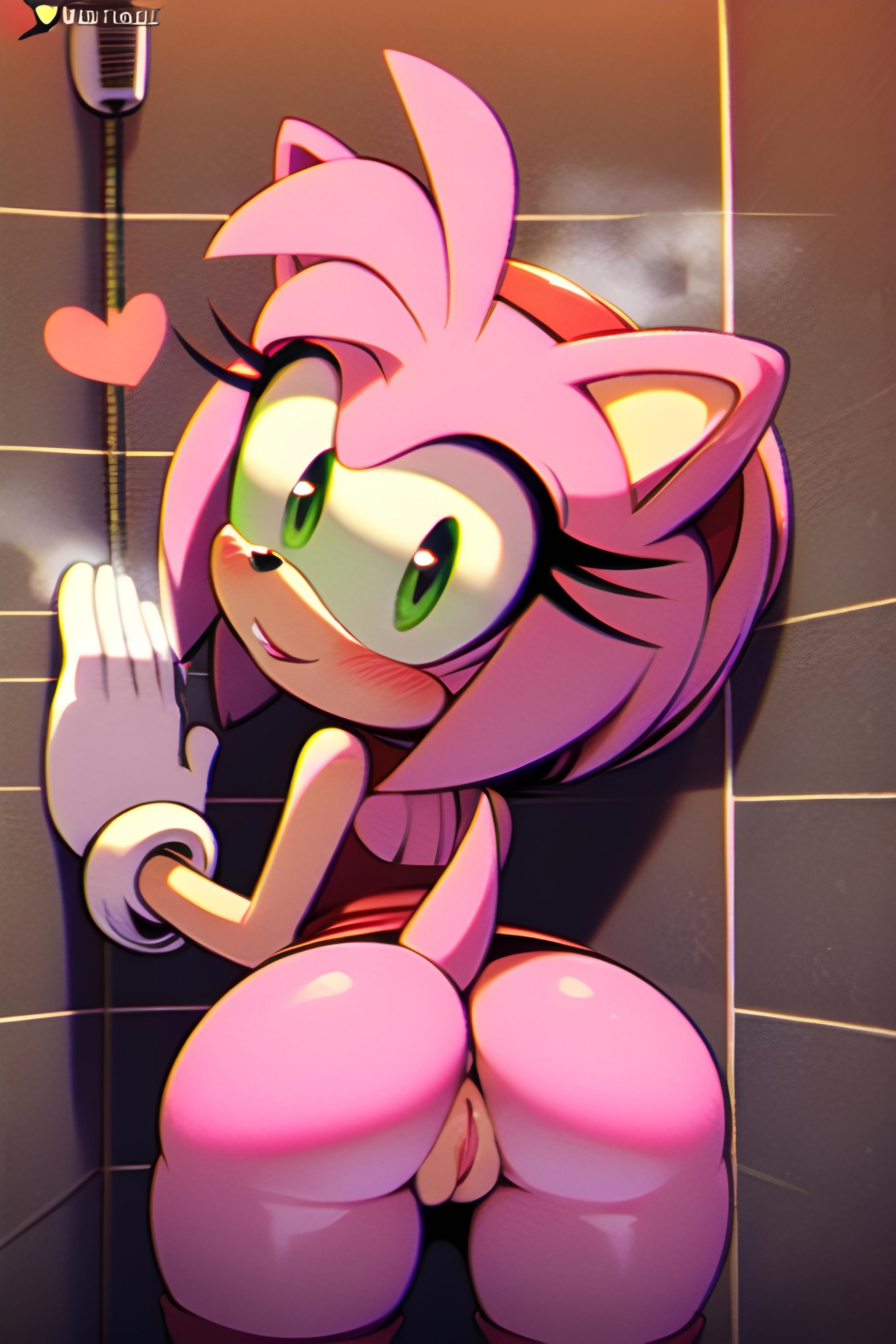 1girls, ai generated, amy rose, anthro, bathroom, blush, female, green eyes, heart symbol, hedgehog, mobian (species), pink fur, pink hair, pixai, pussy, rodent, sega, smile, sonic (series)