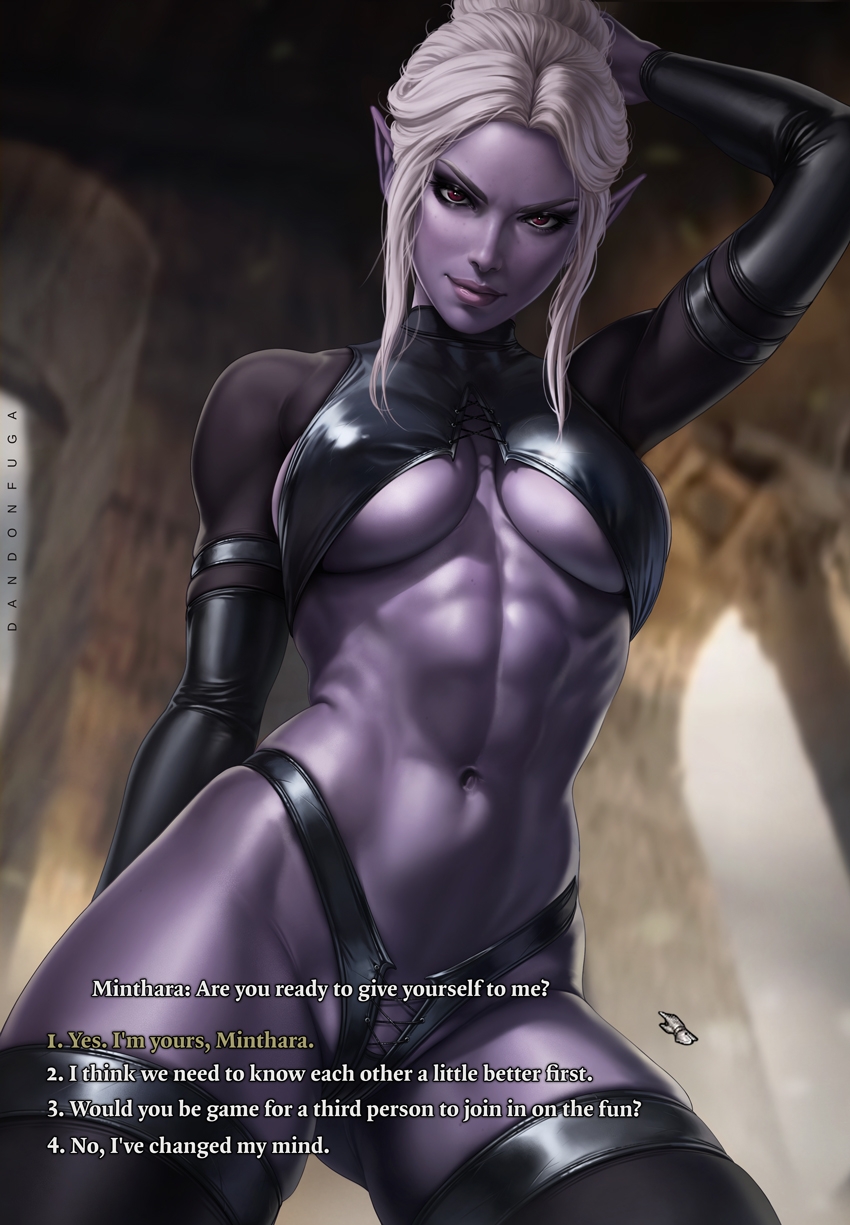 1girls, abs, artist name, baldur's gate, baldur's gate 3, bare shoulders, black gloves, bodysuit, bondage, breasts, cameltoe, colored skin, crotchless, dandon fuga, drow, dungeons and dragons, elbow gloves, elf, elf ears, elf female, english, english dialogue, english text, female, female only, femdom, forgotten realms, gloves, holding, indoors, large breasts, latex, lips, looking at viewer, minthara, navel, nose, pointy ears, pussy, red eyes, shiny skin, skin tight, solo, solo female, standing, thick thighs, twitter link, underboob, viewed from below, white hair