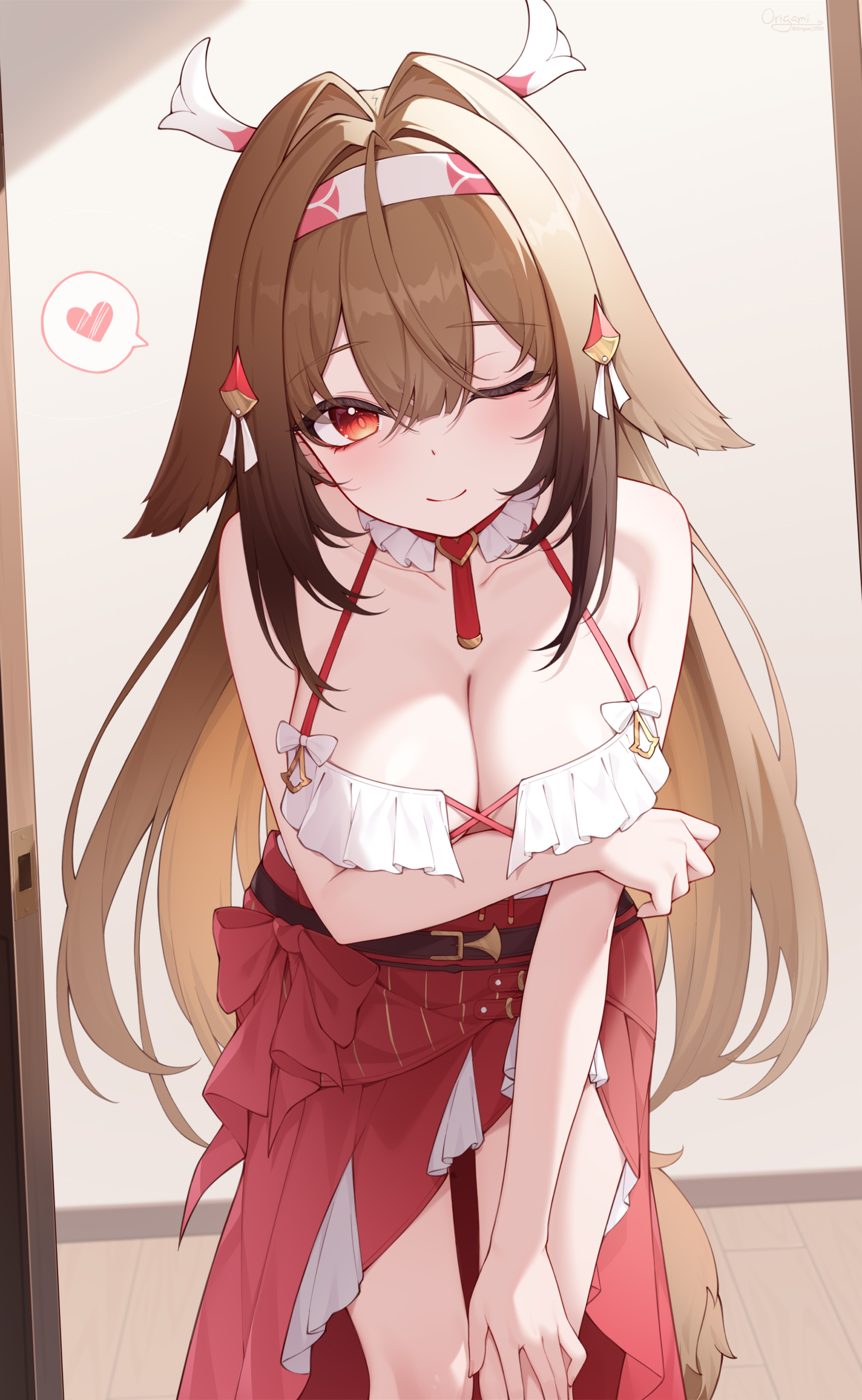 1girls, bare shoulders, belly button, blush, breasts, brown hair, cleavage, clothed, dress, female, female focus, female only, large breasts, leaning, leaning forward, long hair, looking at viewer, one eye closed, origami0703, red eyes, smile, solo, stomach, thighs, ye shunguang, ye shunguang (touch of dawnlight), zenless zone zero