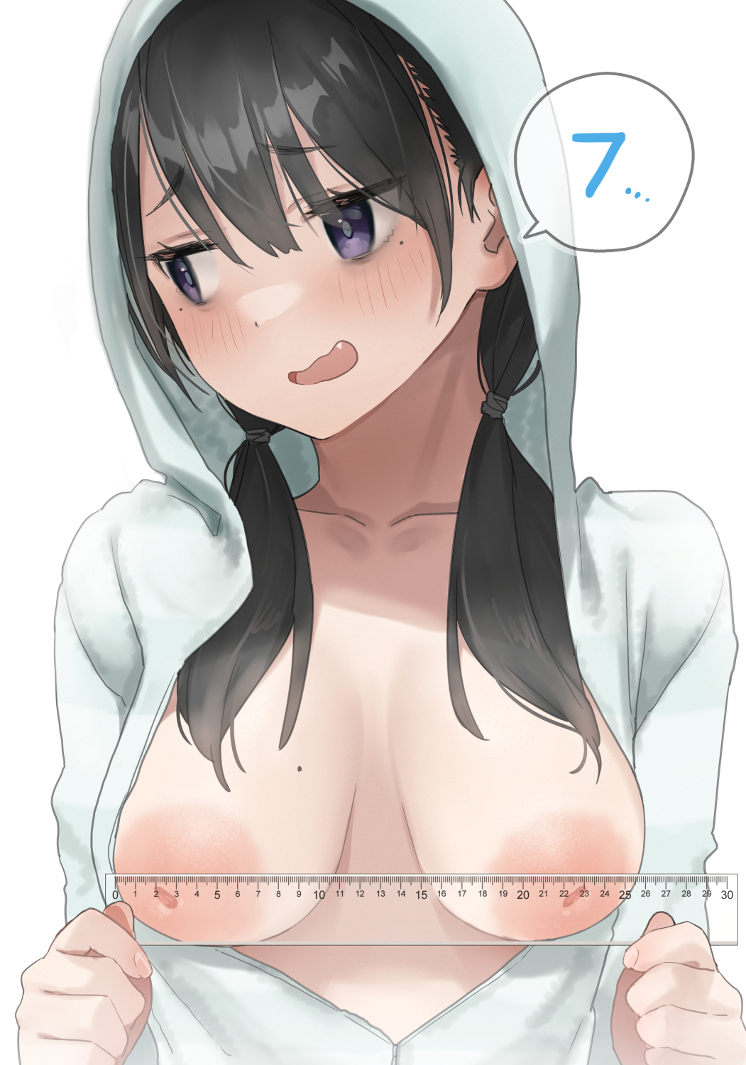 1girls areolae aumann bangs black_hair blush breasts collarbone eyebrows_visible_through_hair female female_only highres hood inverted_nipples large_areolae large_breasts looking_to_the_side low_twintails measuring measuring_breasts measuring_stick medium_hair mole mole_on_breast mole_under_eye oerba_yun_fang original purple_eyes ruler simple_background solo spoken_number text twintails upper_body white_background