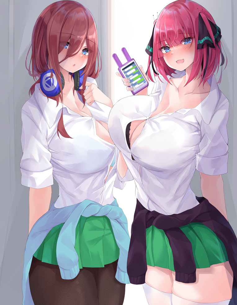 2girls, black bra, black pantyhose, blue bra, blue eyes, blush, blushing, blushing at viewer, bra, bra visible through clothes, breasts, brown hair, butterfly hair ornament, cellphone, cleavage, female, female only, go-toubun no hanayome, green skirt, hair between eyes, headphones, headphones around neck, huge breasts, looking at viewer, micosivaa, miniskirt, multiple females, multiple girls, nakano miku, nakano nino, open mouth, pantyhose, pink hair, school uniform, schoolgirl, short hair, skirt, thick thighs, thighhighs, thighs, uncensored, white legwear, white shirt, white stockings
