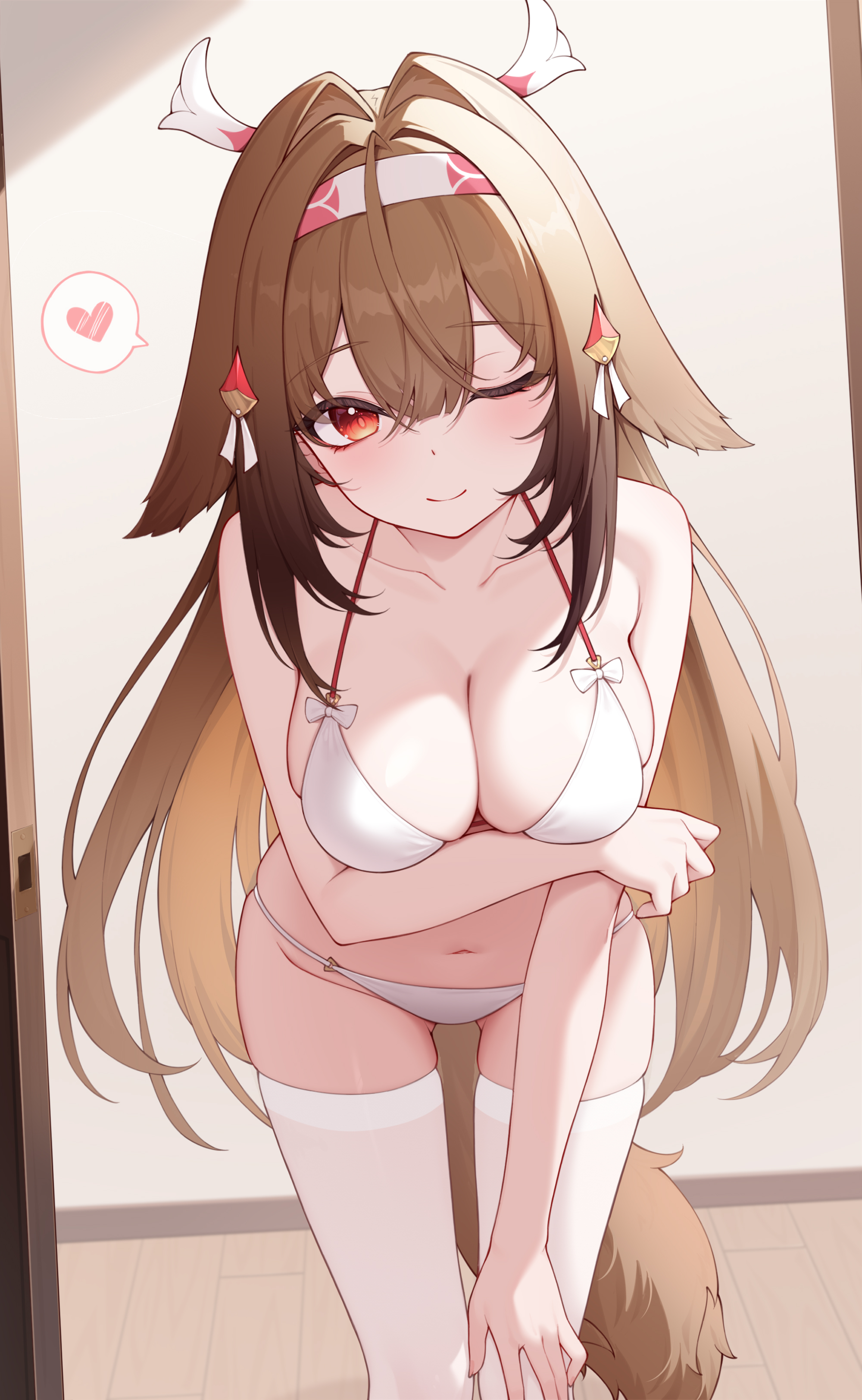 1girls, bare shoulders, blush, bra, breasts, brown hair, cleavage, female, female focus, female only, large breasts, leaning, leaning forward, legwear, long hair, looking at viewer, one eye closed, origami0703, panties, red eyes, smile, solo, thighhighs, underwear, ye shunguang, zenless zone zero