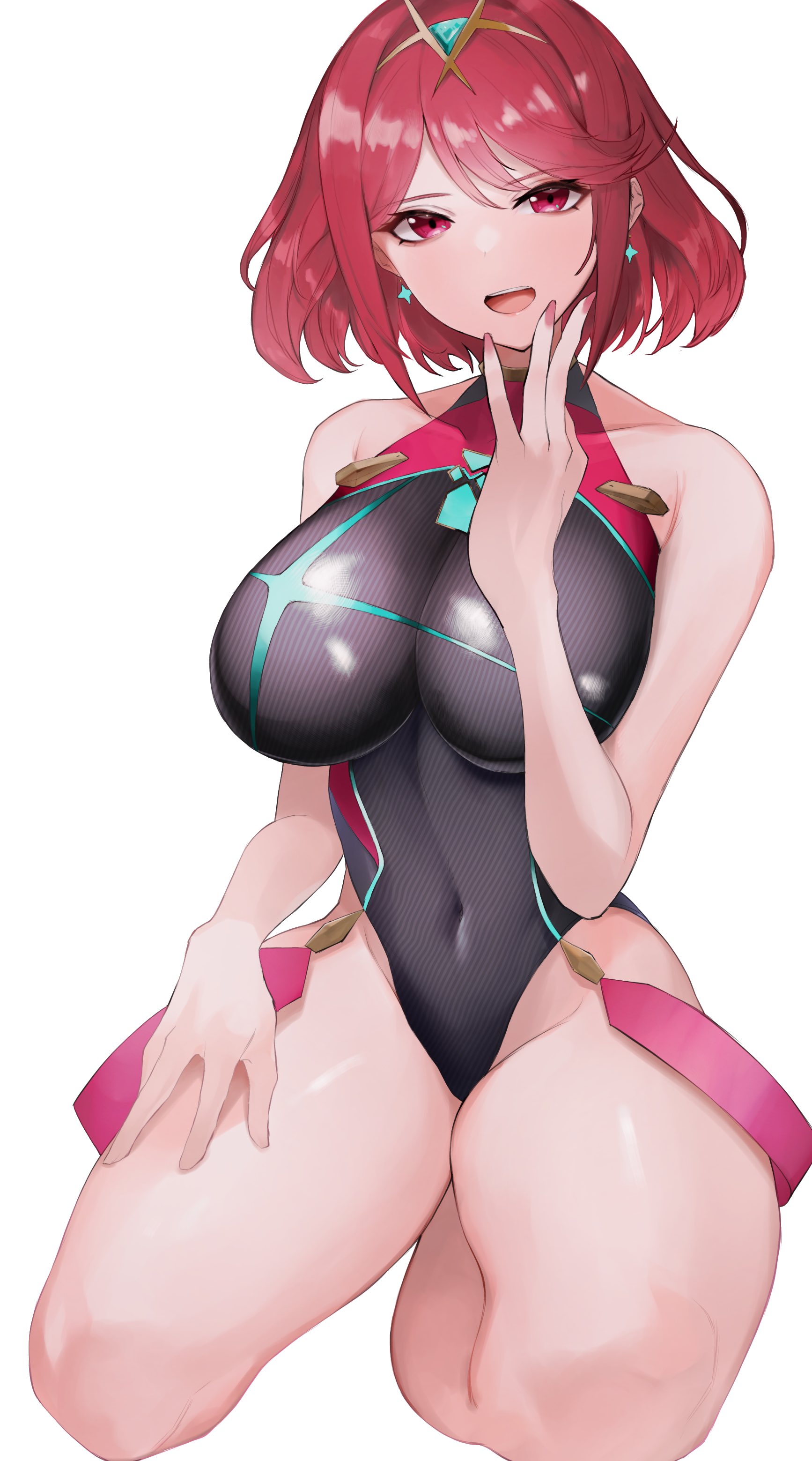 1girls, 2021, alternate costume, alternate version available, bare legs, bare shoulders, belly, belly button, big breasts, blush, breasts, clothed, clothed female, earrings, female, female only, grey background, headwear, hi res, high resolution, highres, kataku musou, kneeling, navel, nintendo, open mouth, pyra, red eyes, red hair, short hair, simple background, smile, solo, swimsuit, thick thighs, thighs, tight clothing, xenoblade (series), xenoblade chronicles 2