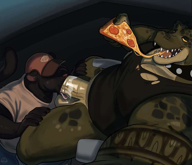 axel (howlitebadger), background, balls, ballsack, black fur, blowjob, blowjob only, bluesh, cat, cat ears, cat tail, clothed, clothed blowjob, collar, crocodile, eating, eating food, feline, gay, green scales, hat, legs apart, looking at viewer, male only, male/male, pantless, penis, pizza, pizza delivery, shirt, shirt only, sitting, stomach, tank top, tattoo, tattooed arm
