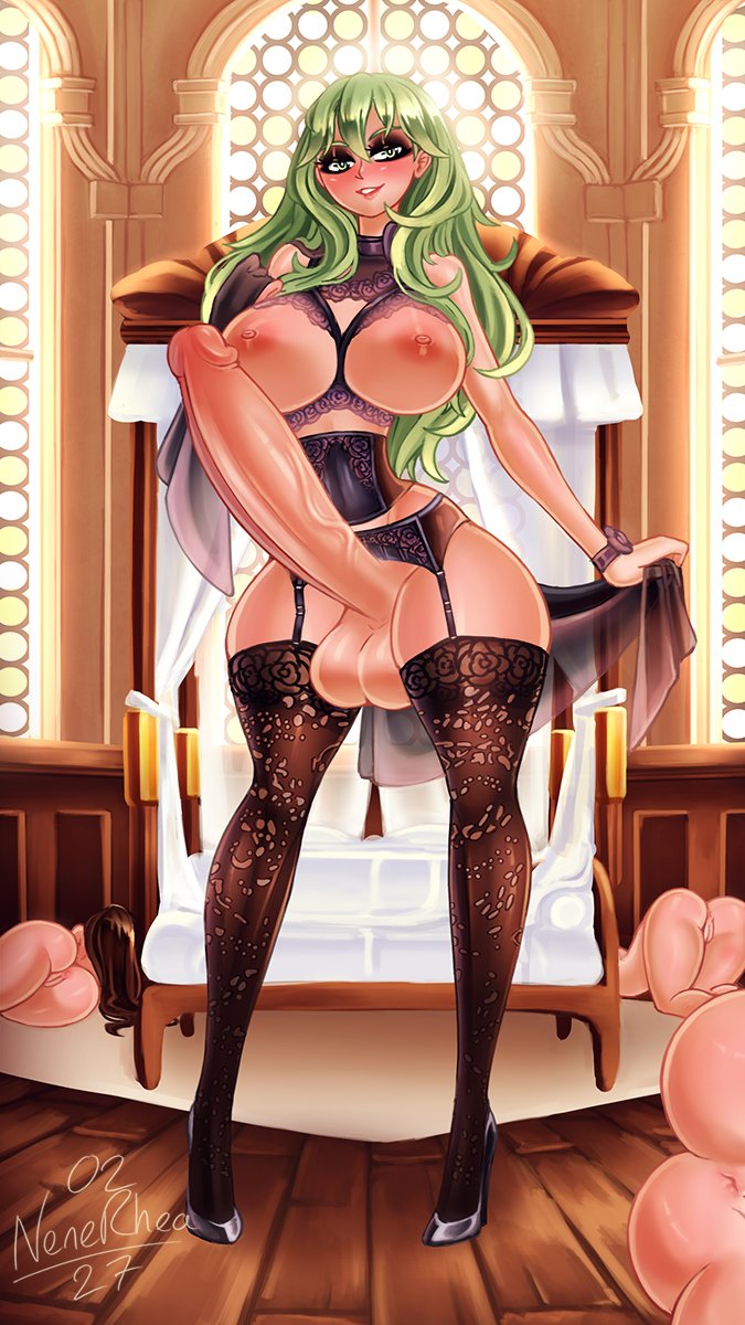 1futa, after sex, after vaginal, alternate version available, areolae, balls, big balls, big breasts, breasts, byleth (fire emblem), byleth (fire emblem) (female), erect penis, erection, female, fire emblem, fire emblem: three houses, full body, futa only, futanari, green hair, high heels, hourglass figure, huge cock, human, intersex, light skin, light-skinned futa, lingerie, long hair, multiple females, multiple girls, nenerhea, nintendo, nipples, penis, pussy, solo, standing, thick thighs, thighhighs, thin waist, wide hips