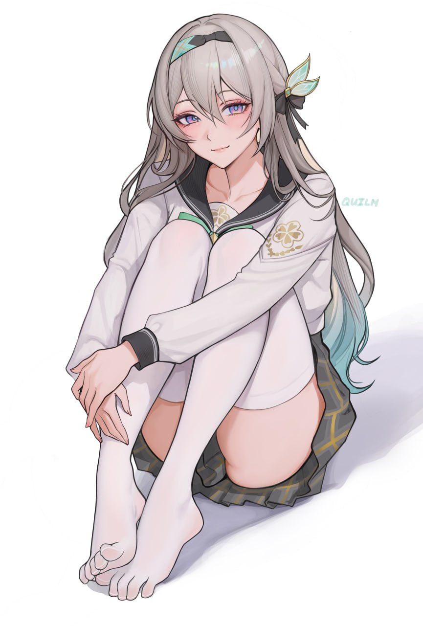 1girls, 2d, 2d (artwork), artist name, blush, blushing, blushing at viewer, clothed, clothing, collarbone, convenient censoring, digital media (artwork), feet, feet together, female, female focus, female only, firefly (honkai: star rail), hair between eyes, hairband, hairpin, hands together, honkai (series), honkai: star rail, hoyoverse, legwear, long hair, looking at viewer, mihoyo, quilm, silver hair, simple background, sitting, sitting on floor, skirt, smile, smiling, smiling at viewer, solo, stockings, thigh highs, thighs, toes curled, toes visible through clothing, video game character, white background, white thighhighs
