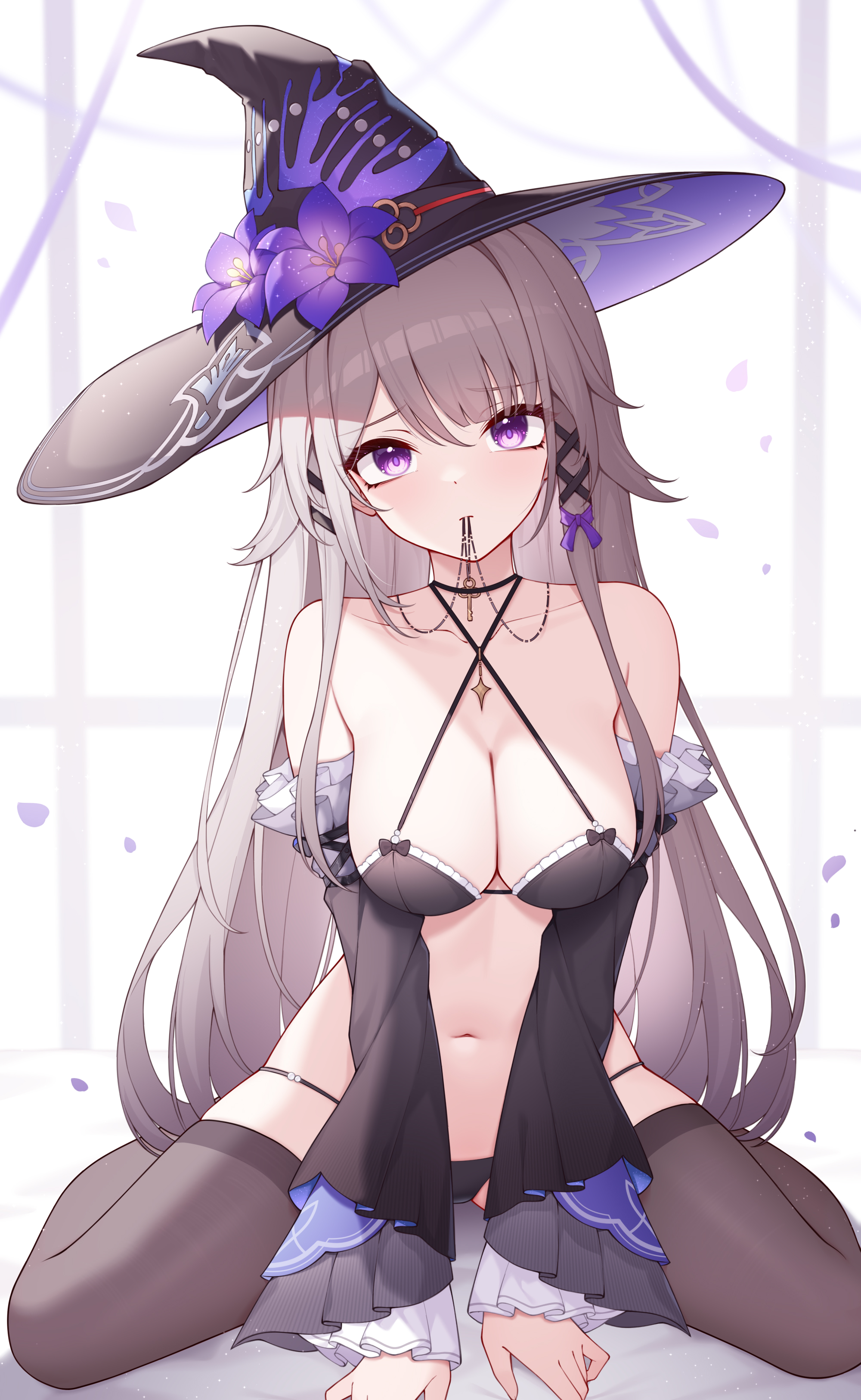 1girls, breasts, cleavage, female, female focus, female only, grey hair, herta (honkai: star rail), honkai: star rail, legwear, long hair, looking at viewer, medium breasts, origami0703, purple eyes, sitting, solo, spread legs, thighhighs, witch hat, wizard hat