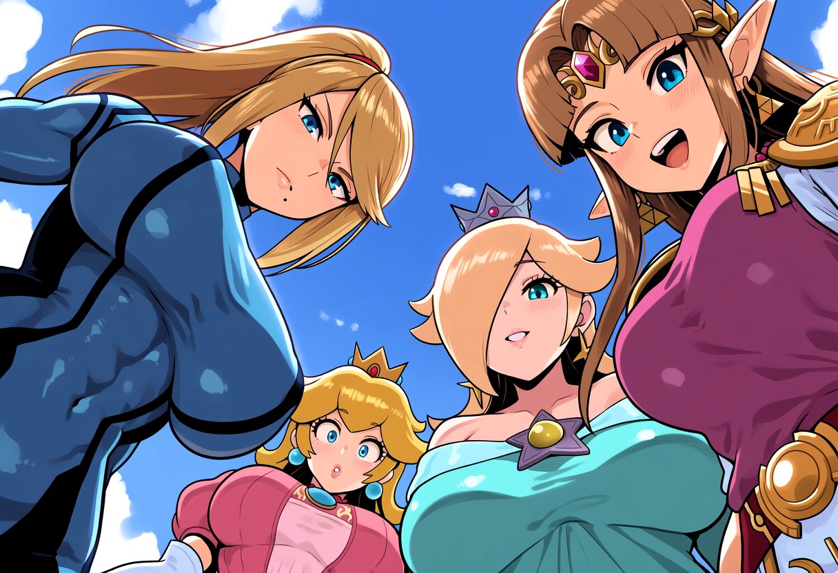 4girls, a link between worlds, abs, ai generated, bare shoulders, blonde hair, blue bodysuit, blue dress, blue eyes, blue sky, bodysuit, breasts, brown hair, clothing, cloud, covered navel, crossover, crown, day, dress, earrings, elbow gloves, female, from below, gloves, hair over one eye, headwear, impossible bodysuit, impossible clothes, jewelry, large breasts, long hair, looking at viewer, looking down, mario (series), metroid, mini crown, mole, mole under mouth, multiple girls, muscular, muscular female, off shoulder, off-shoulder dress, open mouth, parted bangs, parted lips, pink dress, pointy ears, ponytail, princess peach, princess rosalina, princess zelda, rosalina, samus aran, sidelocks, skin tight, sky, smashai, smile, sphere earrings, star (symbol), teeth, the legend of zelda, tiara, toned, white gloves, zelda (a link between worlds), zero suit